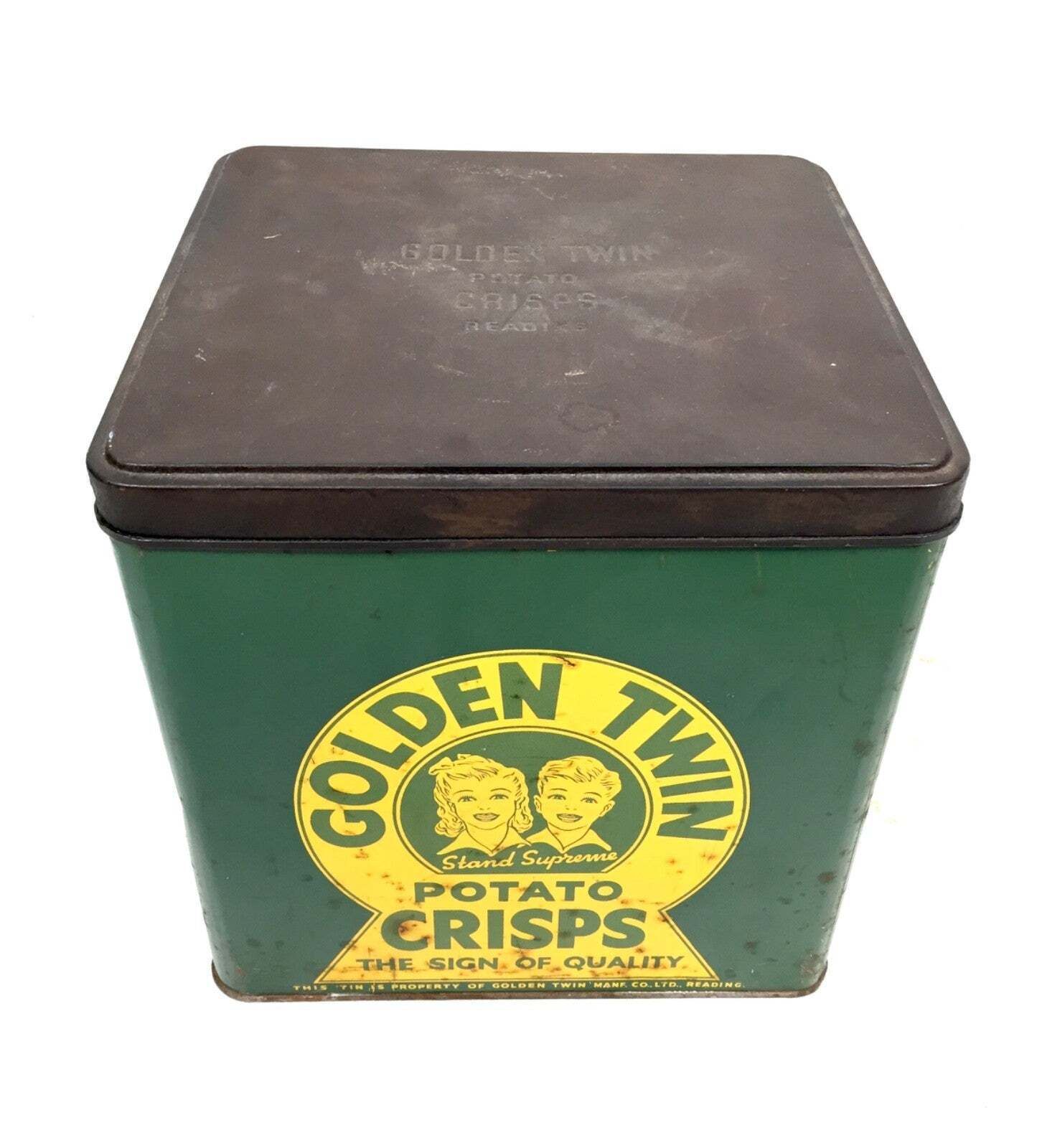 Antique Advertising Rare Shop Display Golden Twin Potato Crisps Tin C.1930 photo for sale