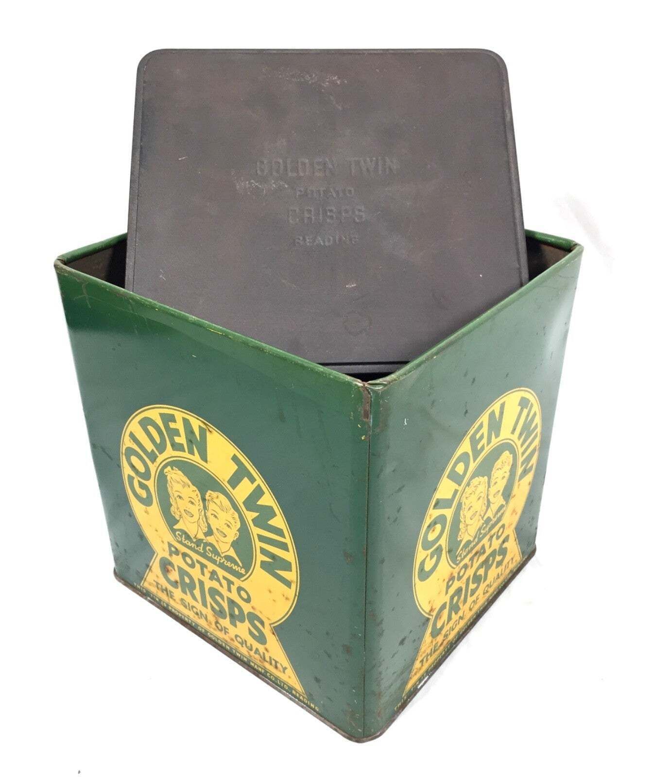 photo for sale Antique Advertising Rare Shop Display Golden Twin Potato Crisps Tin C.1930
