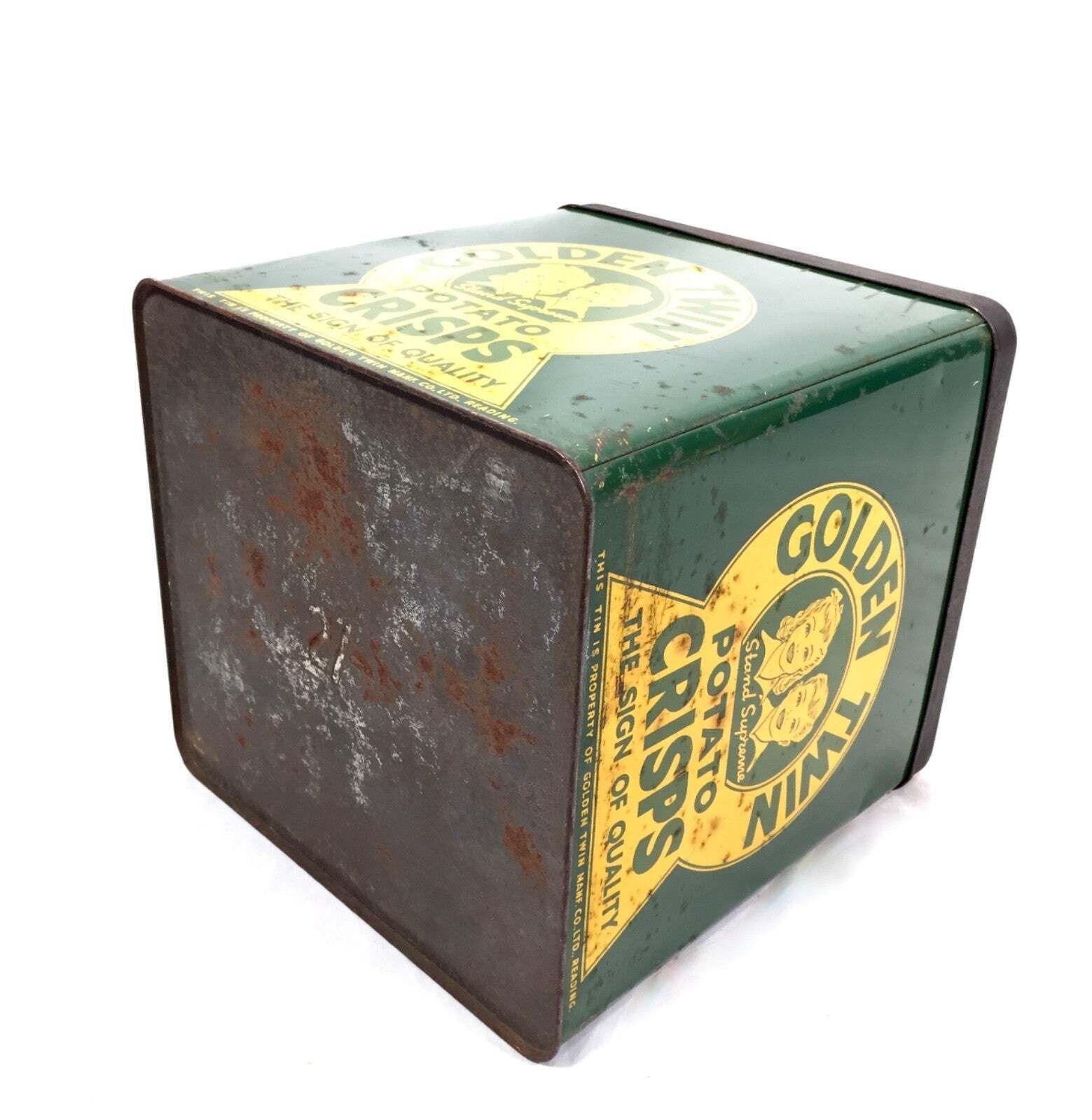 119.0 Antique Advertising Rare Shop Display Golden Twin Potato Crisps Tin C.1930 photo