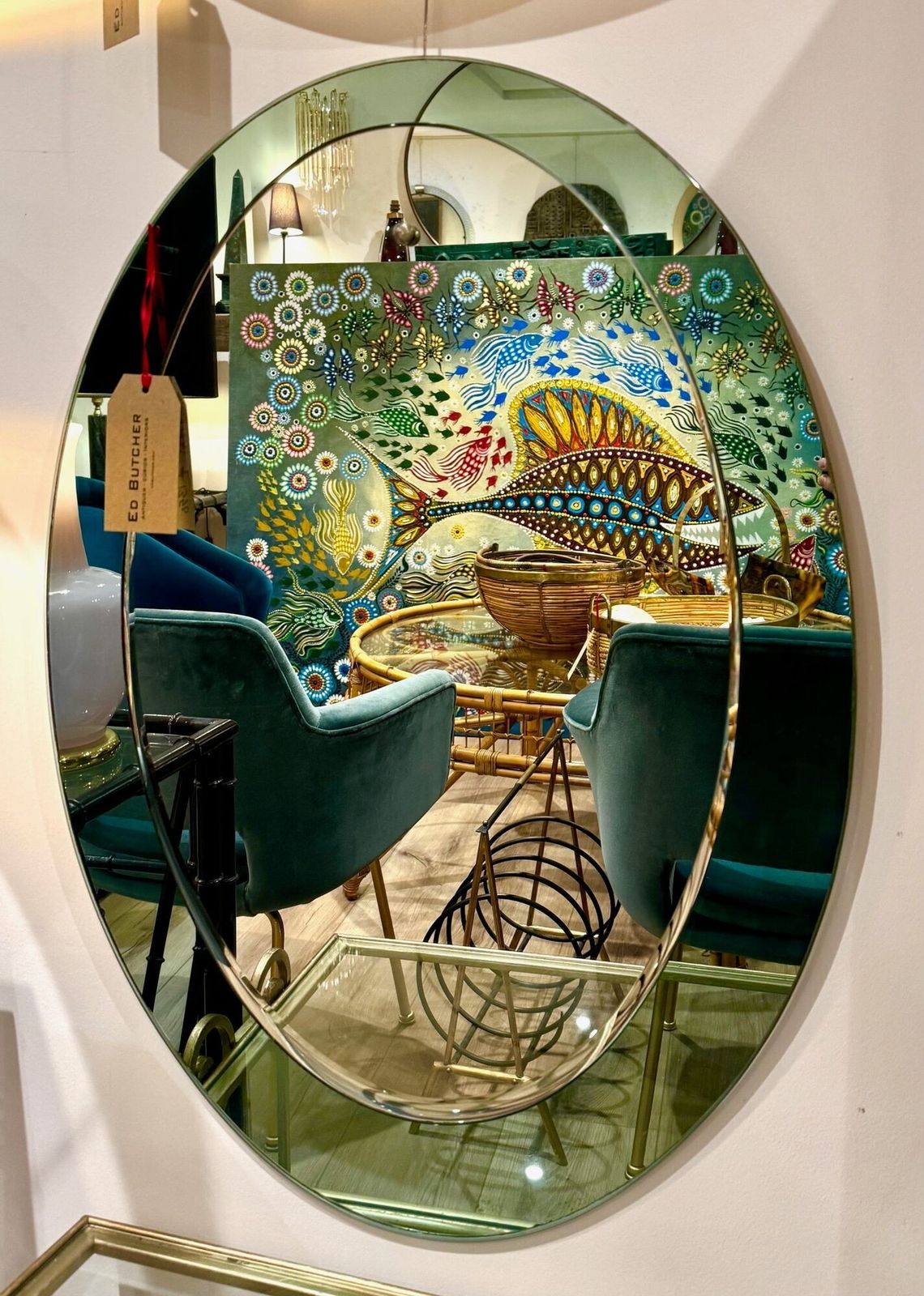 photo for sale Copy   An Italian 1960s Crystal Arte Oval Mirror With Pastel Mint Green Mirrored Frame