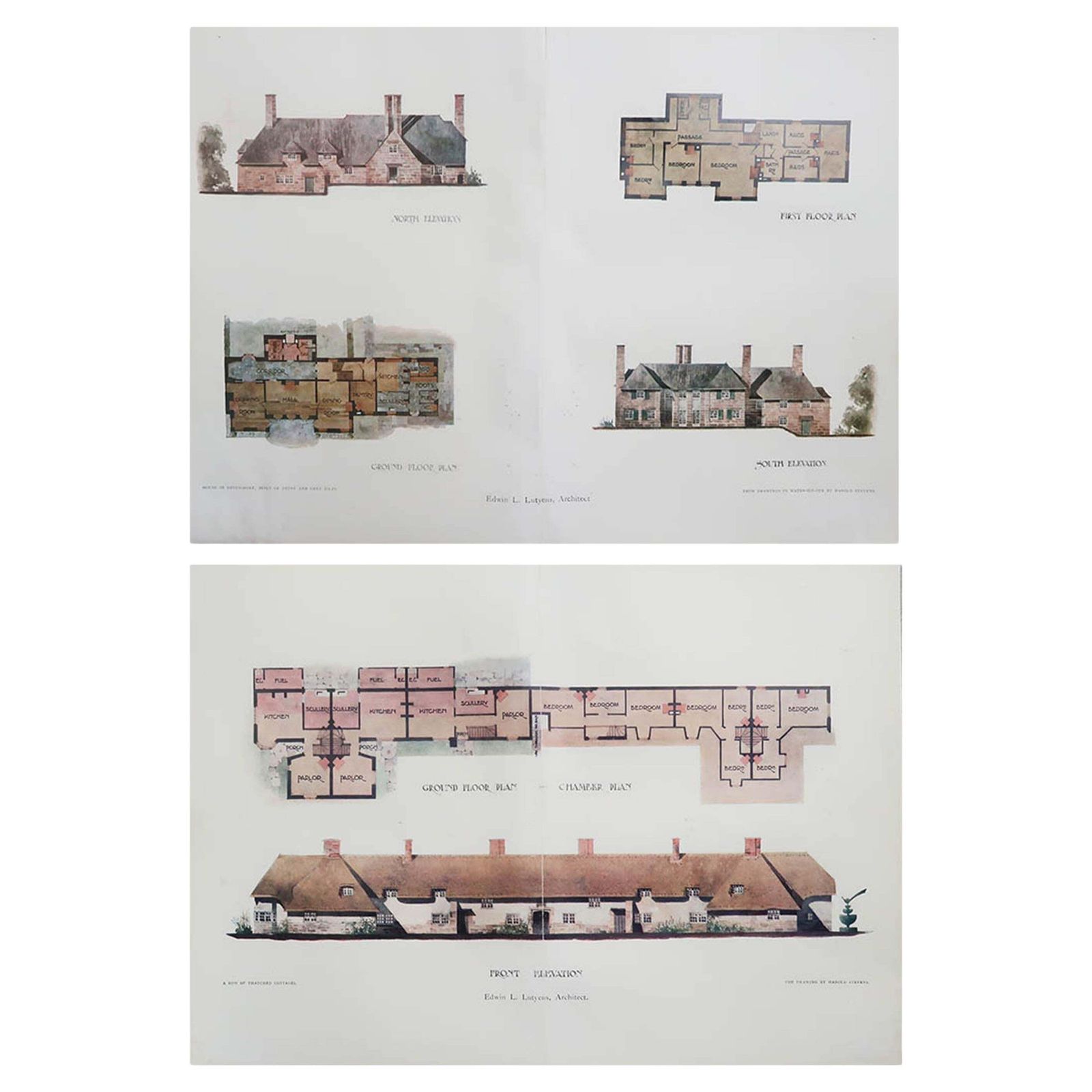 Pair Of Original Antique Prints Of Architectural Drawings By E.L.Lutyens. 1906