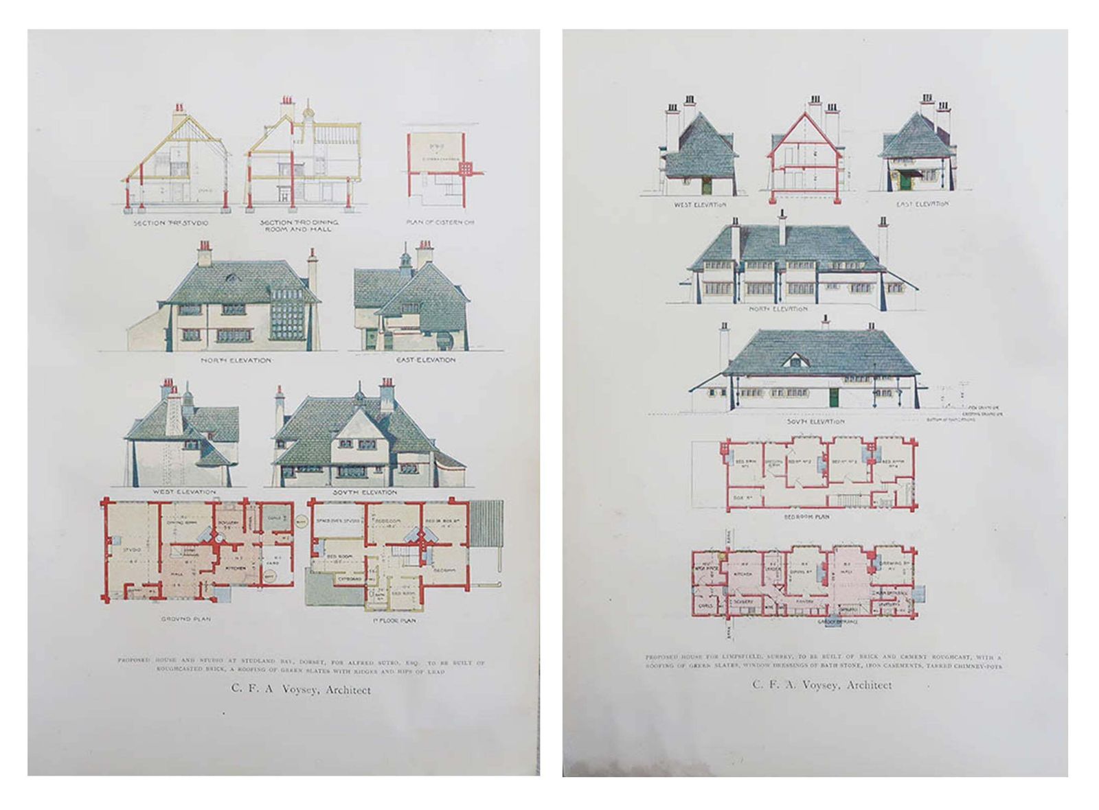Pair Of Original Antique Prints Of Architectural Drawings By C.F.A Voysey. 1906 photo furniture