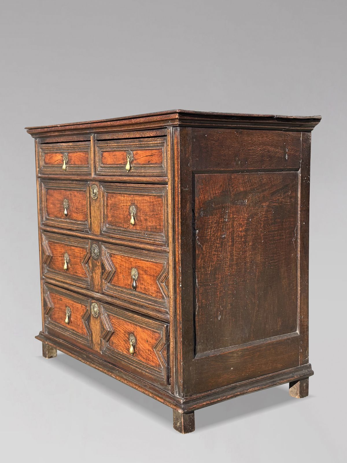 Furniture 17th Century Charles II Period Jacobean Oak Geometric Chest Of Drawers photo