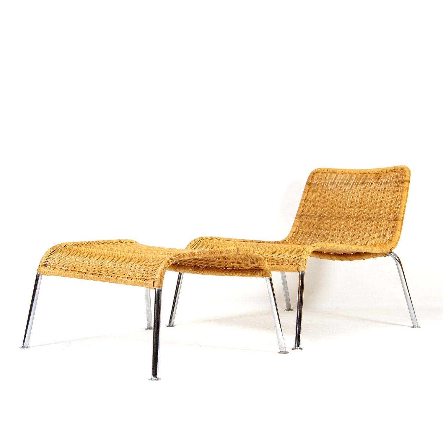 Retro Vintage Danish Chrome Rattan Lounge Easy Lounge Chair Armchair + Stool 70s