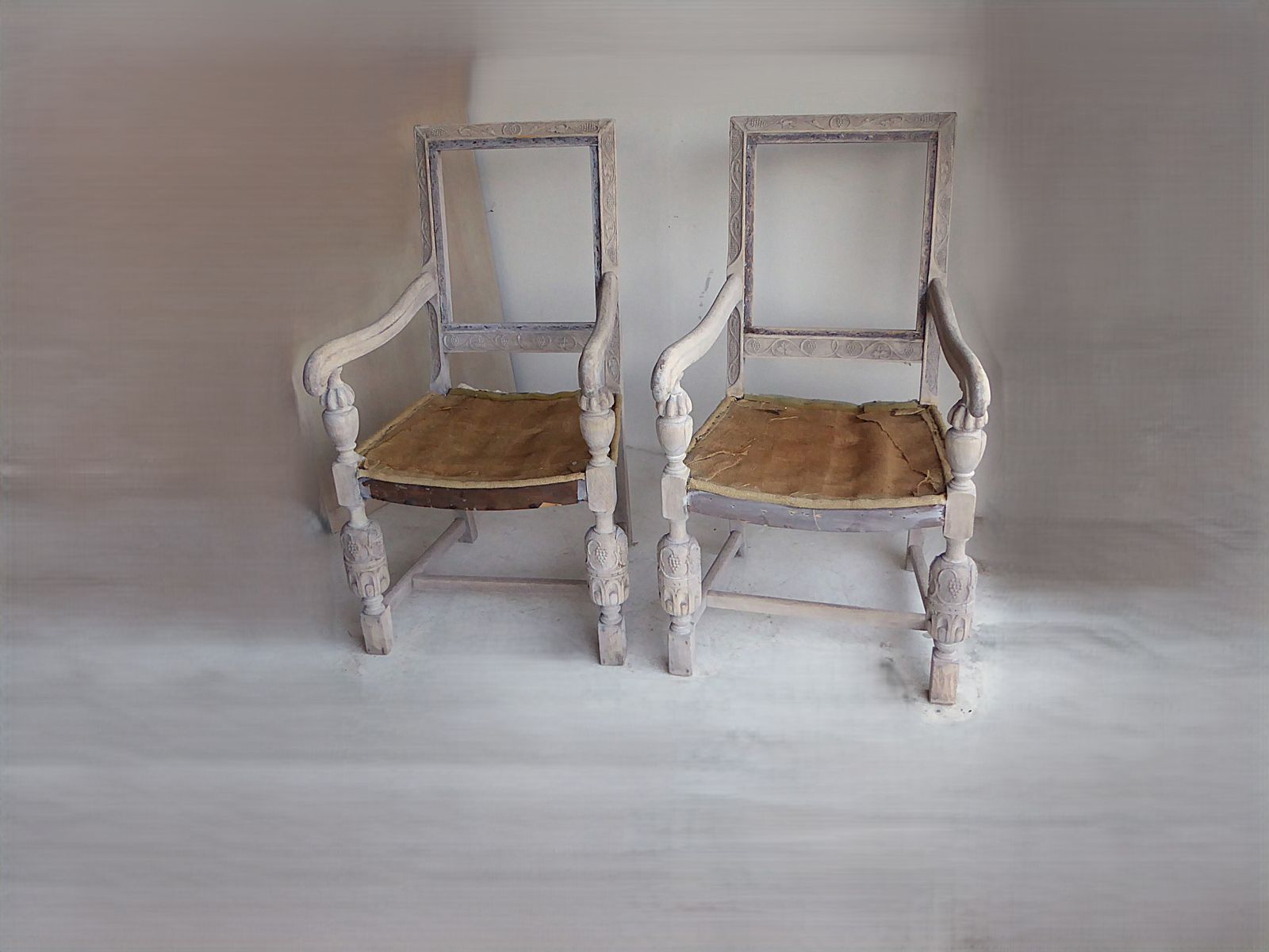 photo furniture Pair Of  French Weathered Oak Late 19th Century Upholstered  Armchairs Carver Chairs
