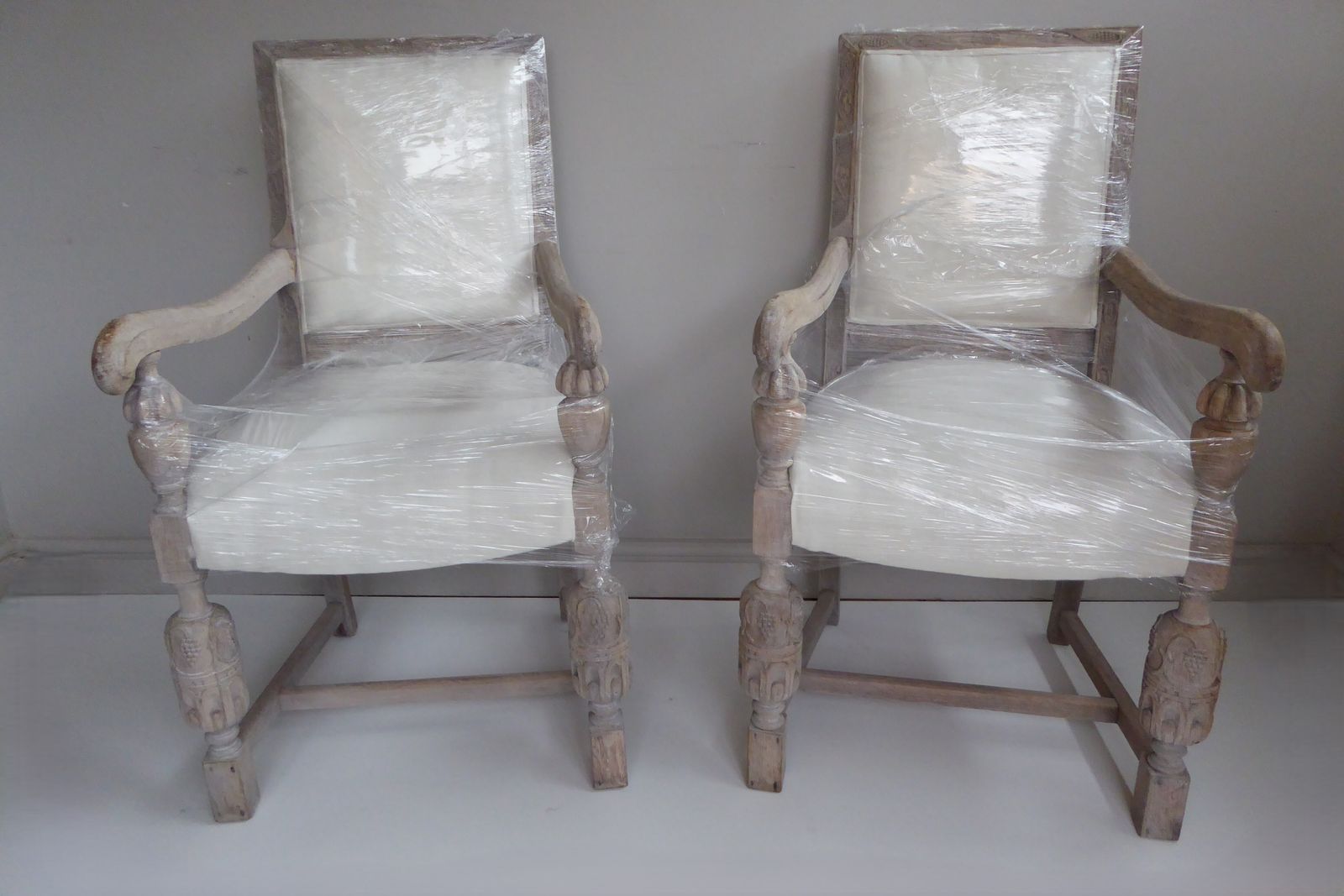 photo vinterior Pair Of  French Weathered Oak Late 19th Century Upholstered  Armchairs Carver Chairs