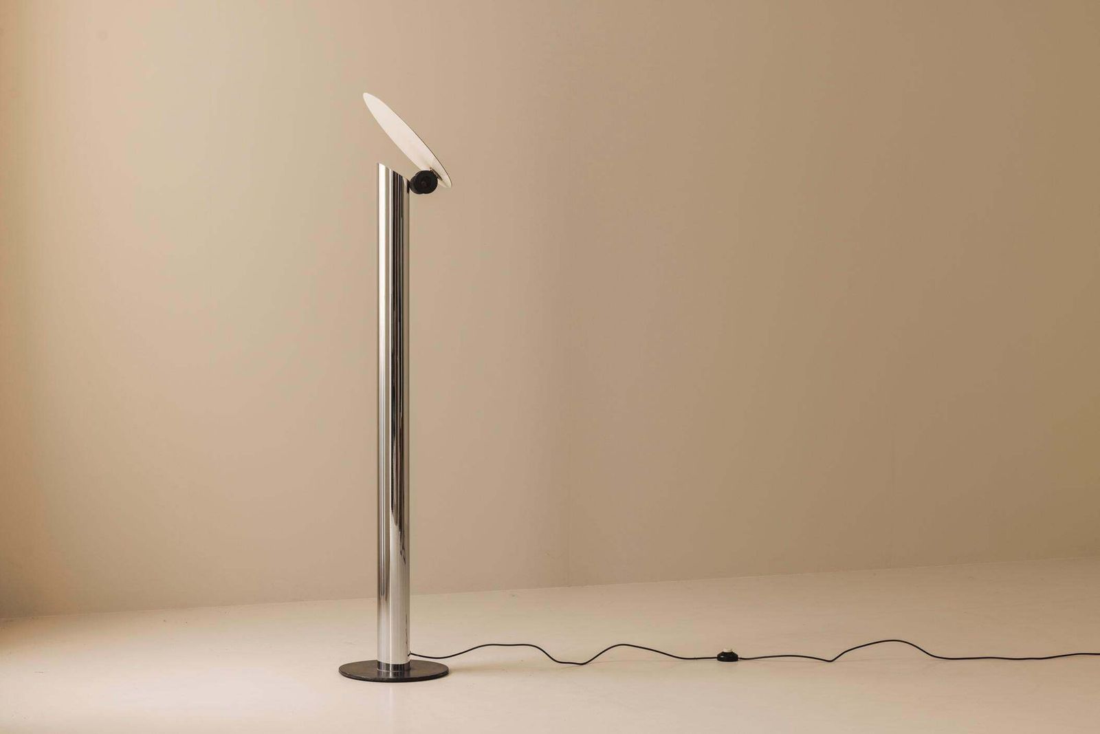 Minimalist Italian Floor Lamp From The Late 1970s In Chrome And Brushed Metal. photo furniture