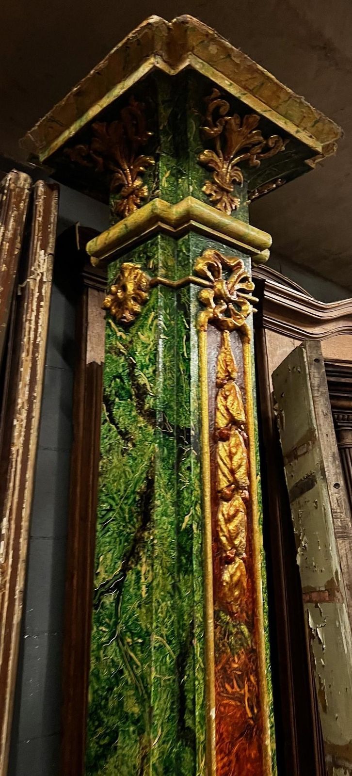 Pair Of Decorative Polychrome Columns With Gilt Trim, Italy photo vintage