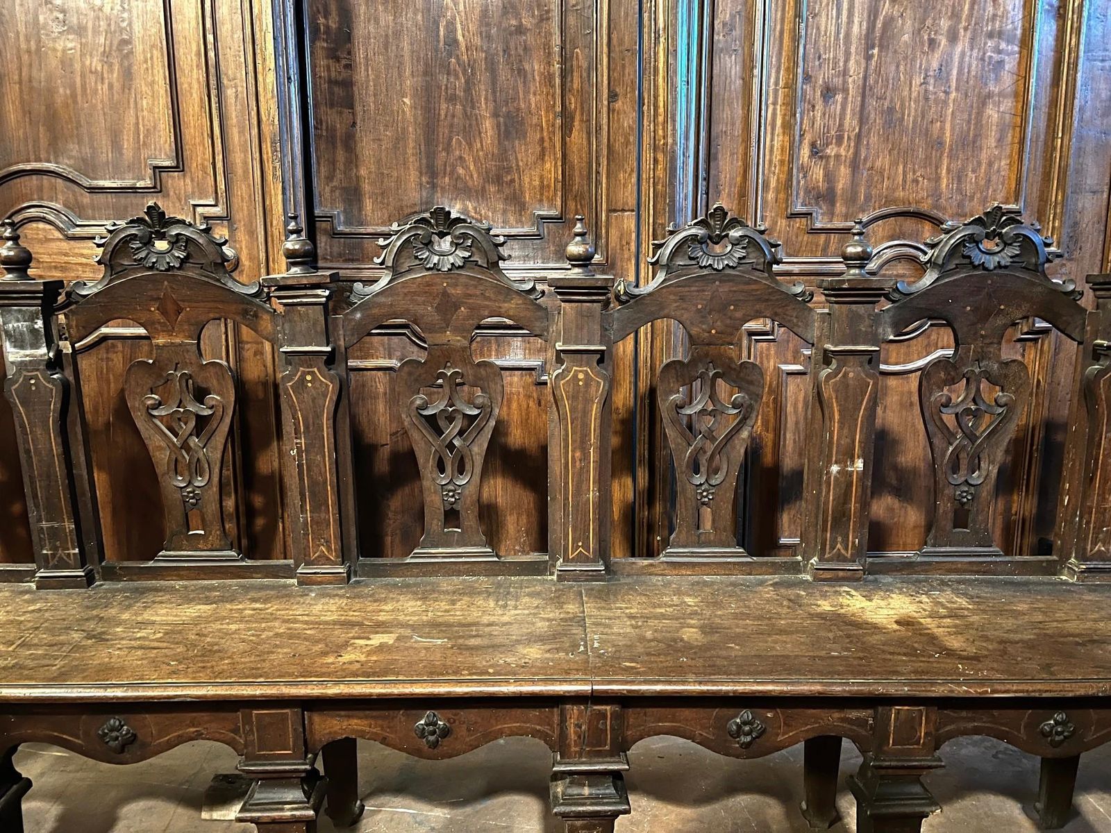 Important Walnut Bench, Finely Carved And Inlaid, Italy photo Furniture