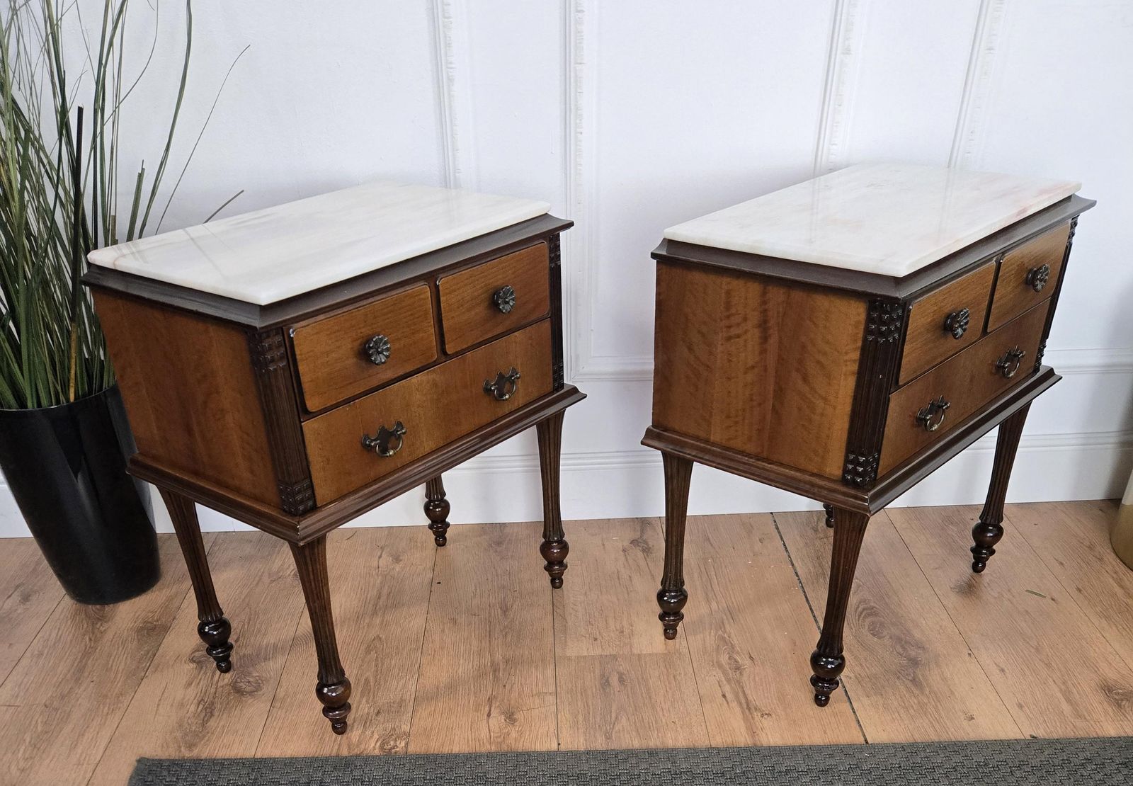 Pair Of Italian Midcentury Art Deco Wood Marble Top Night Stands Bedside Tables photo vinterior