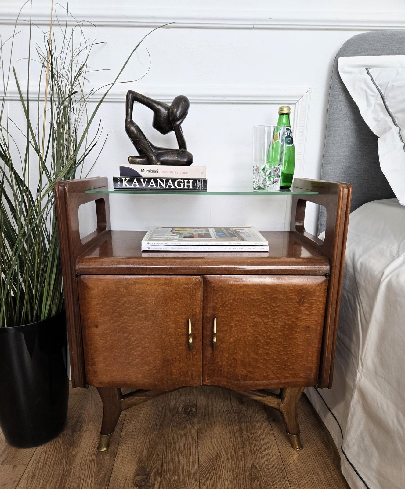 Pair Of Mid Century Italian Art Deco Nightstands Bedside Tables Walnut Glass Top photo for sale
