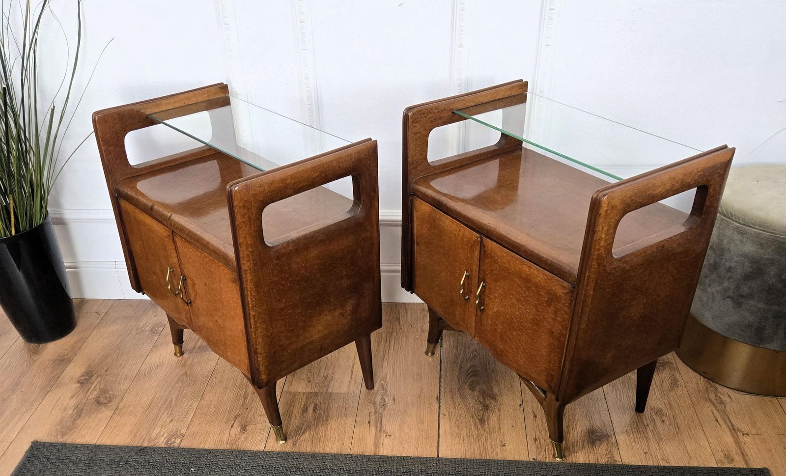 photo for sale Pair Of Mid Century Italian Art Deco Nightstands Bedside Tables Walnut Glass Top