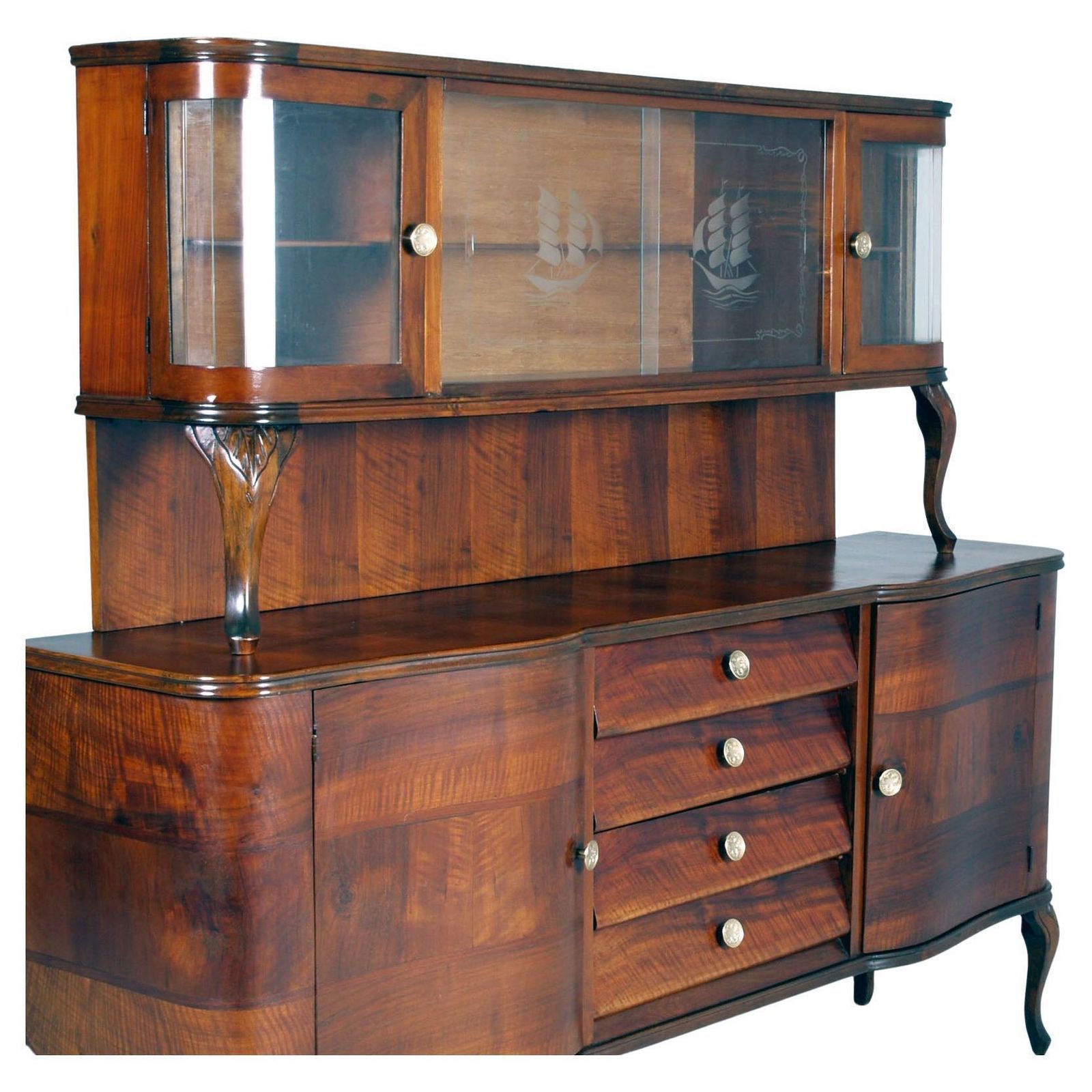 1920s Italian Art Deco Sideboard Display Cabinet, Walnut Veneer By Fratelli Mora photo furniture