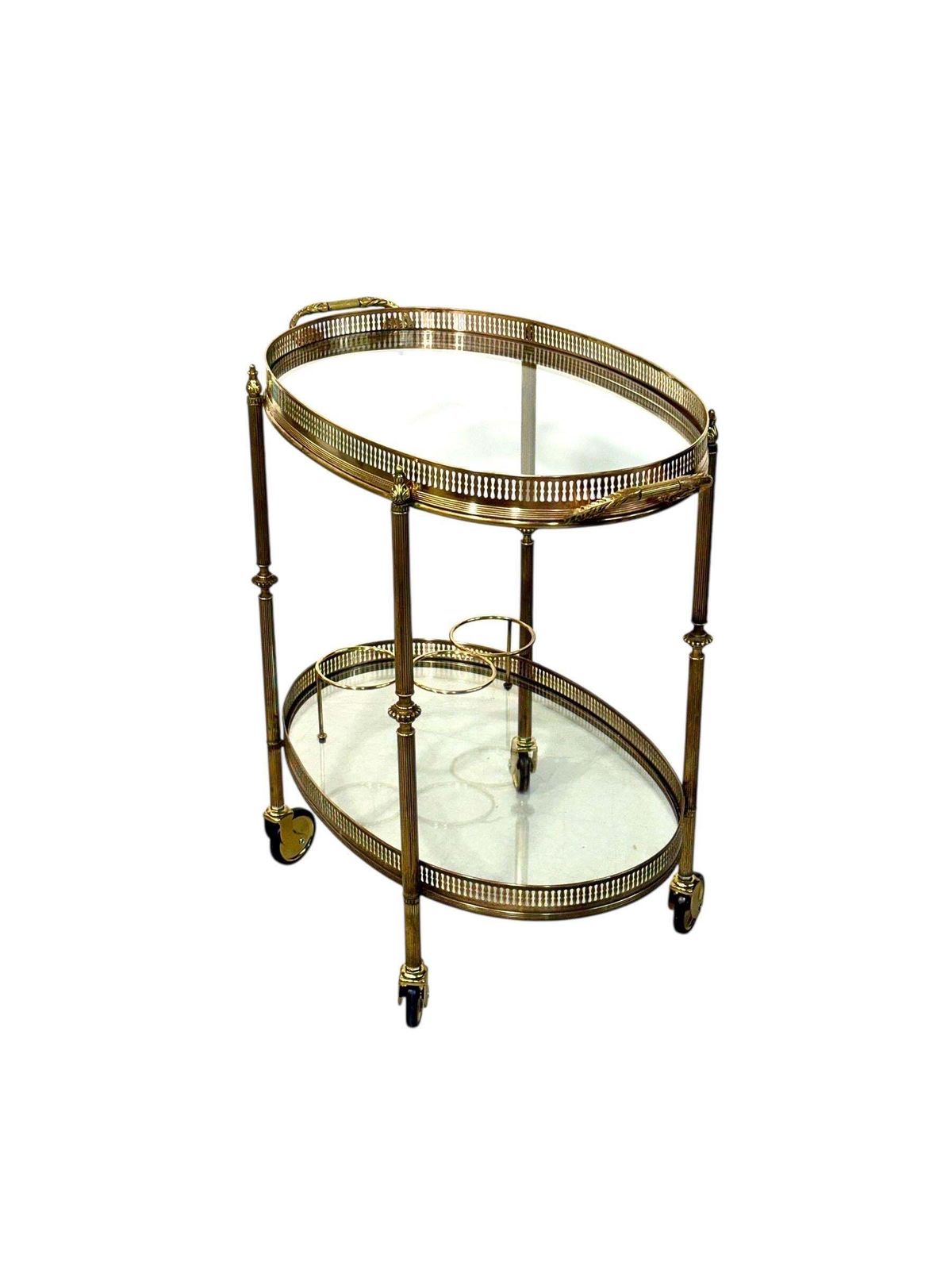 Furniture Small French Oval Gilt Brass Bar Cart, Circa 1950 photo
