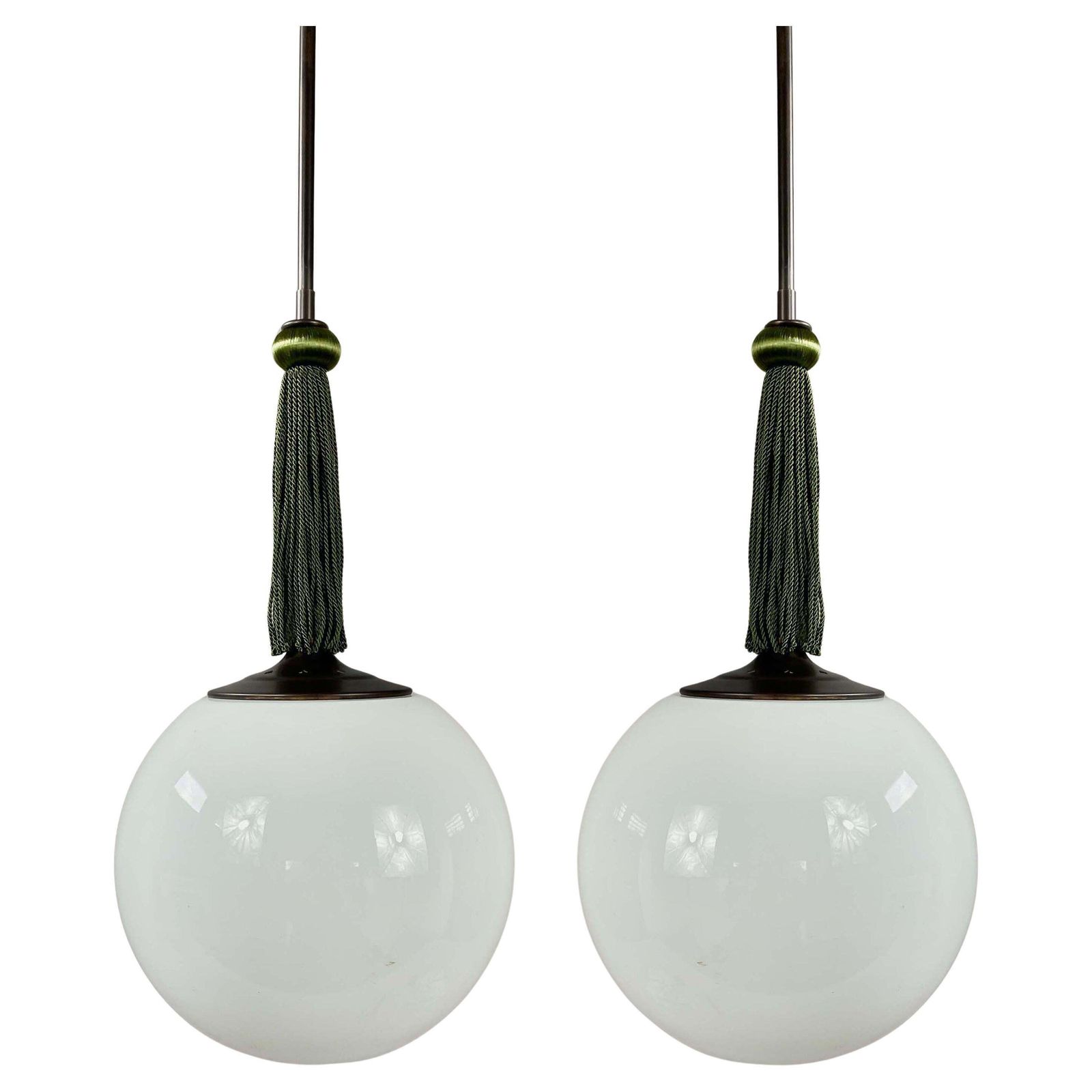 Opaline Glass & Burnished Brass Tassel Ball Pendants, Germany 1930s, Set Of 2