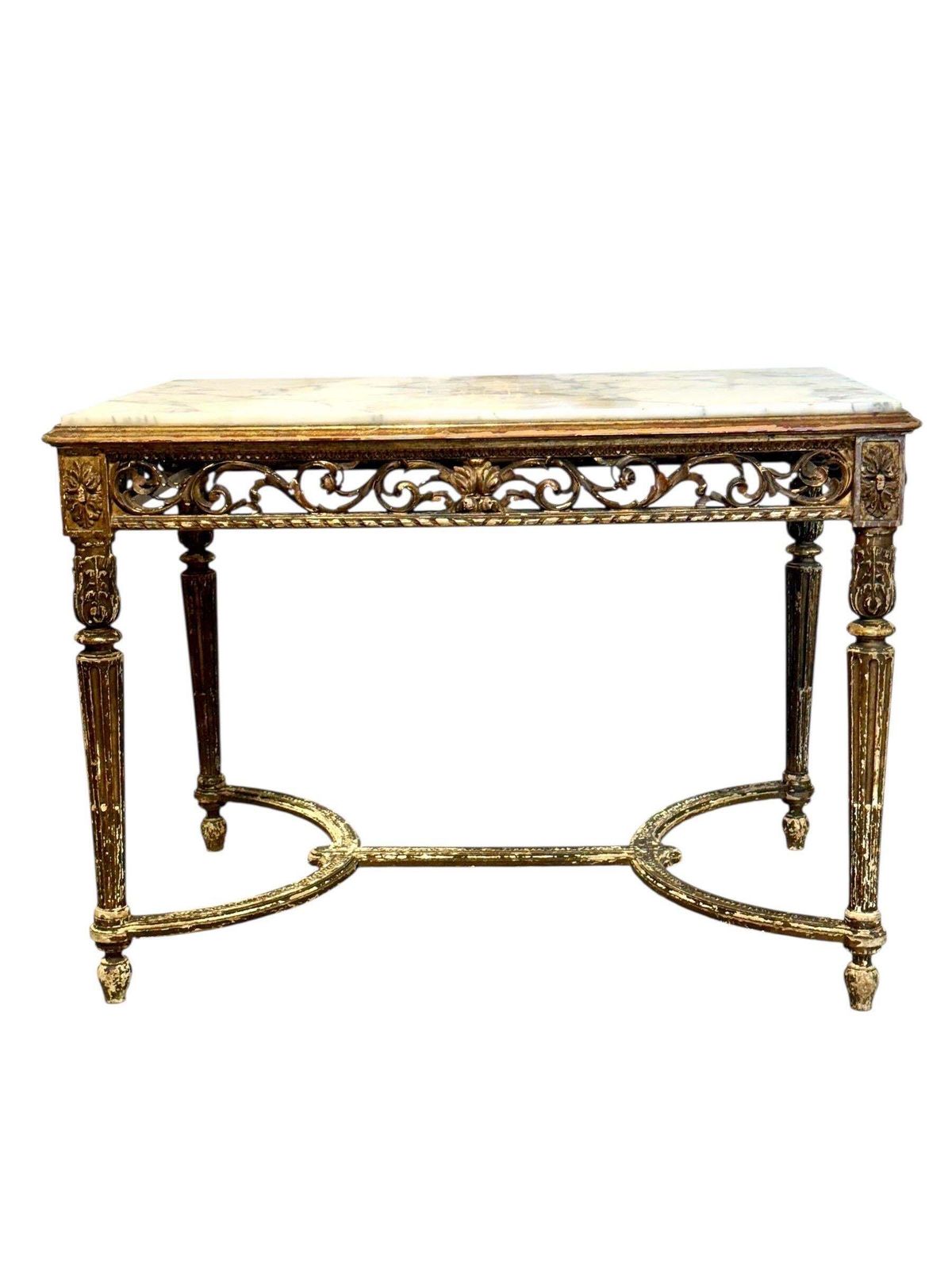 photo vintage 19th Century French Giltwood Center Table With Carved Apron And Marble Top