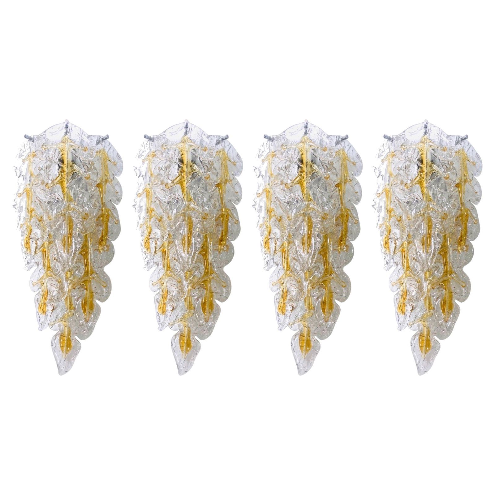 Italian Midcentury Set Of Four Leaf Murano Wall Sconces By Mazzega, 1970s