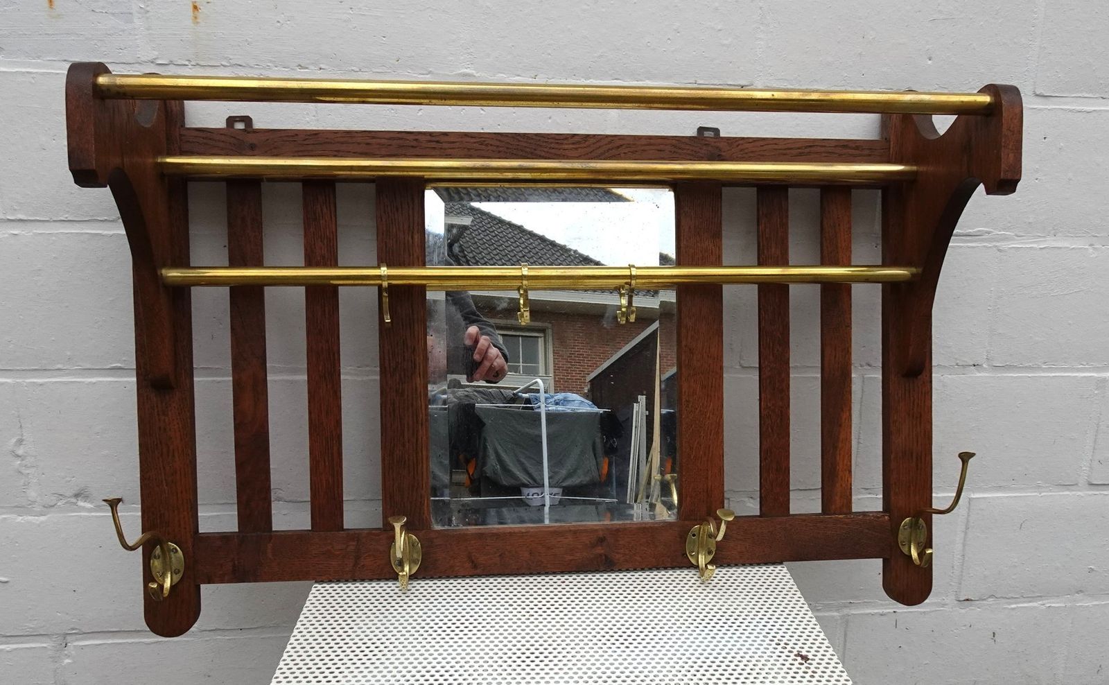 Art Deco Wall Coat Rack In Belgian Oak And Brass, 1920s photo furniture