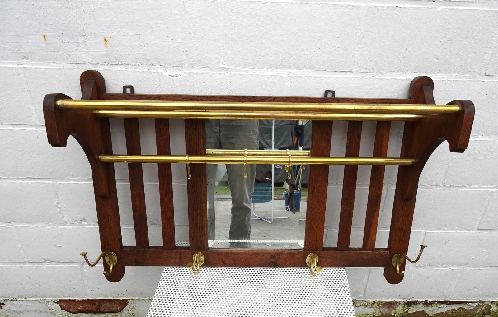 photo buy Art Deco Wall Coat Rack In Belgian Oak And Brass, 1920s