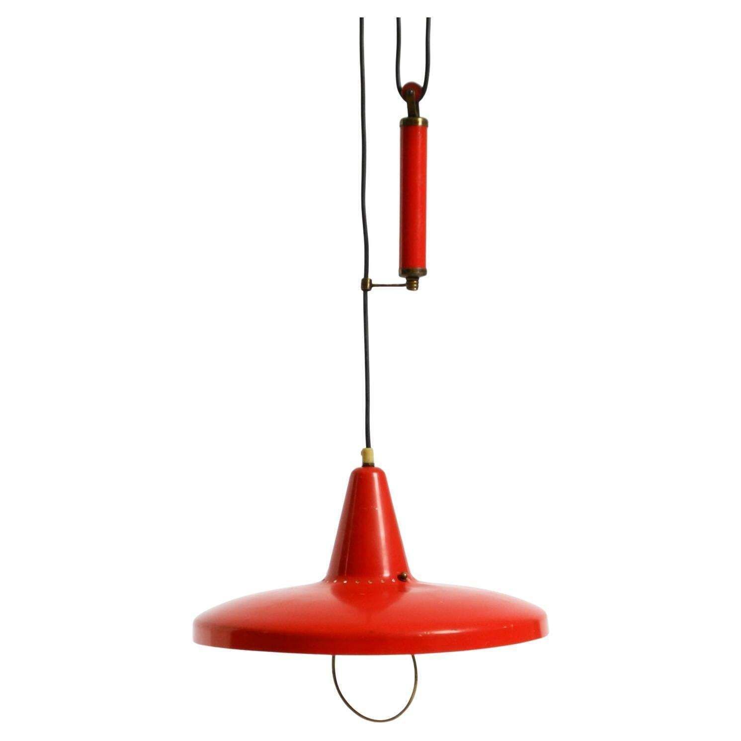 Mid Century Modern Red Aluminum Pendant Lamp, Height Adjustable, Italy, 1950