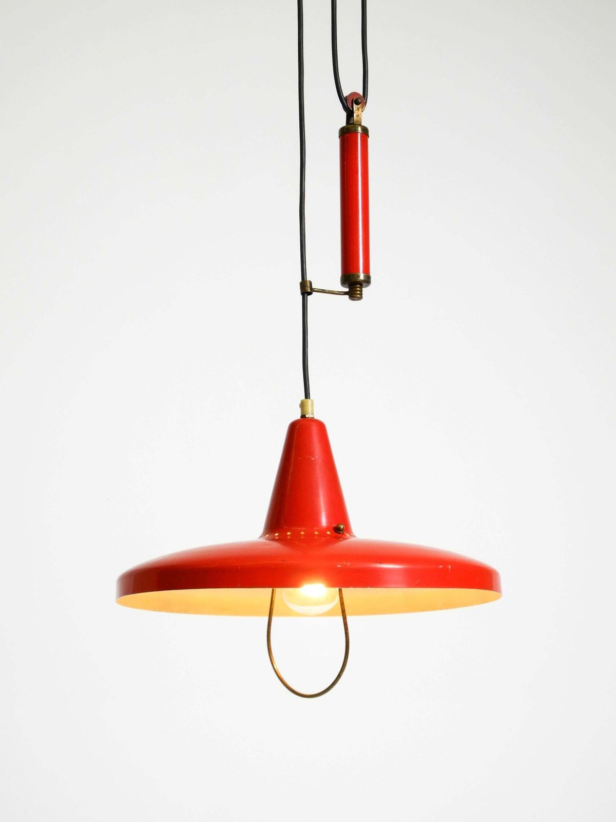 Lighting Mid Century Modern Red Aluminum Pendant Lamp, Height Adjustable, Italy, 1950 photo