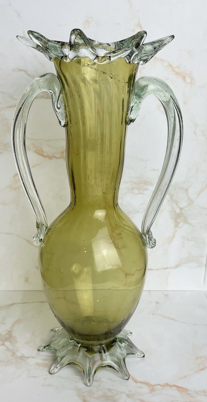 Large Vintage Hand Blown Venetian Murano Green Twin Handled Vase photo for sale