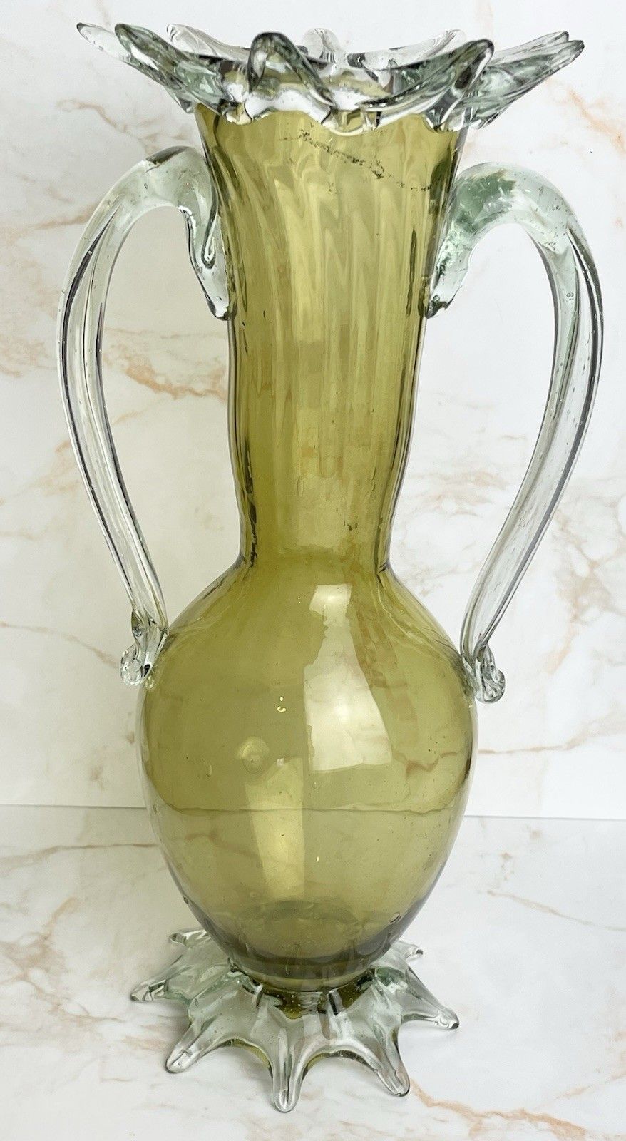 Large Vintage Hand Blown Venetian Murano Green Twin Handled Vase photo Home Decor