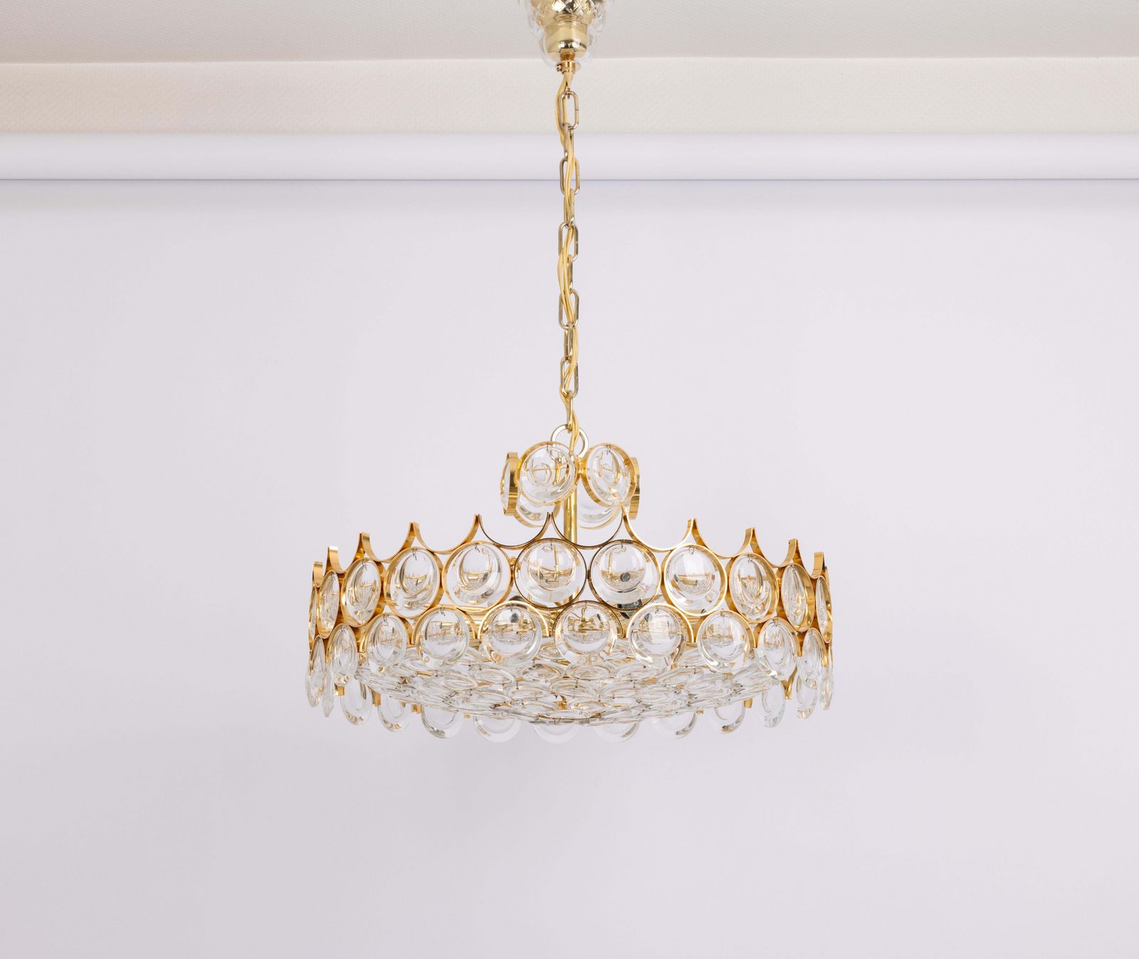photo furniture Large Gilt Brass Crystal Chandelier By Palwa, Sciolari Design, Germany, 1970s
