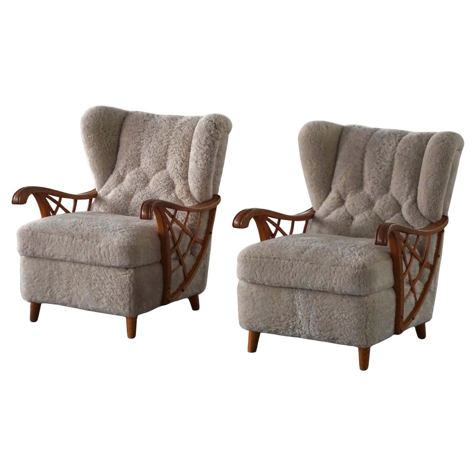 Pair Of Swedish Modern Lounge Chairs, Shearling Lambswool & Elm, 1940s