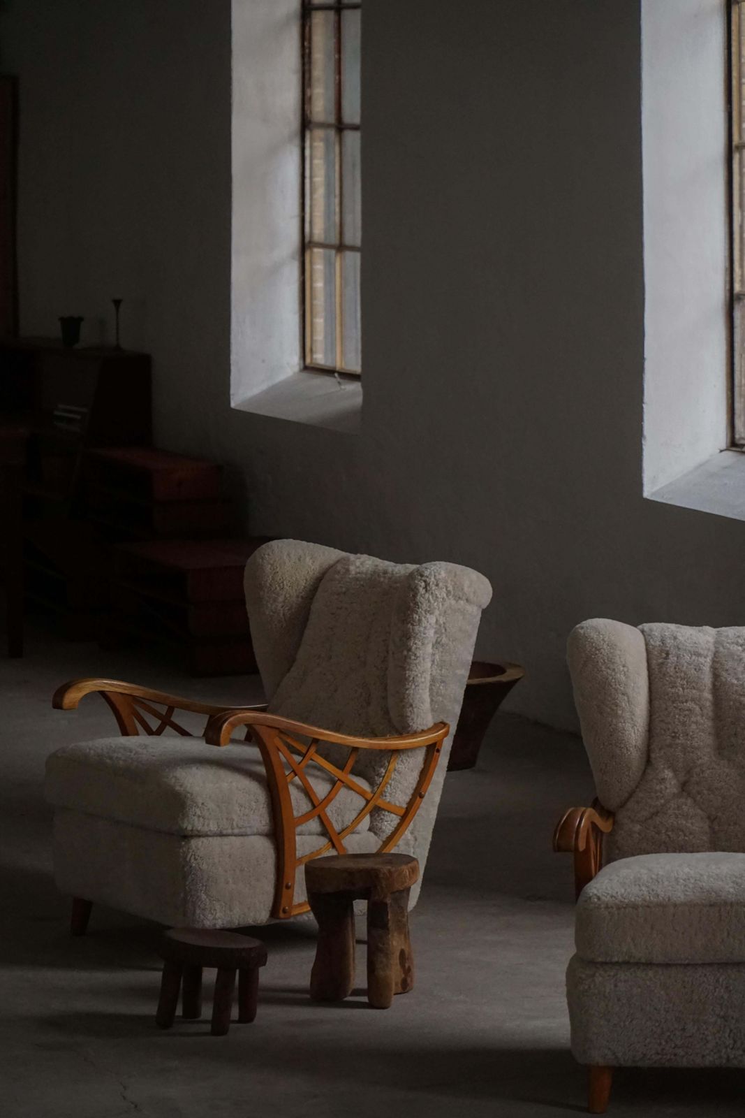 Pair Of Swedish Modern Lounge Chairs, Shearling Lambswool & Elm, 1940s photo for sale