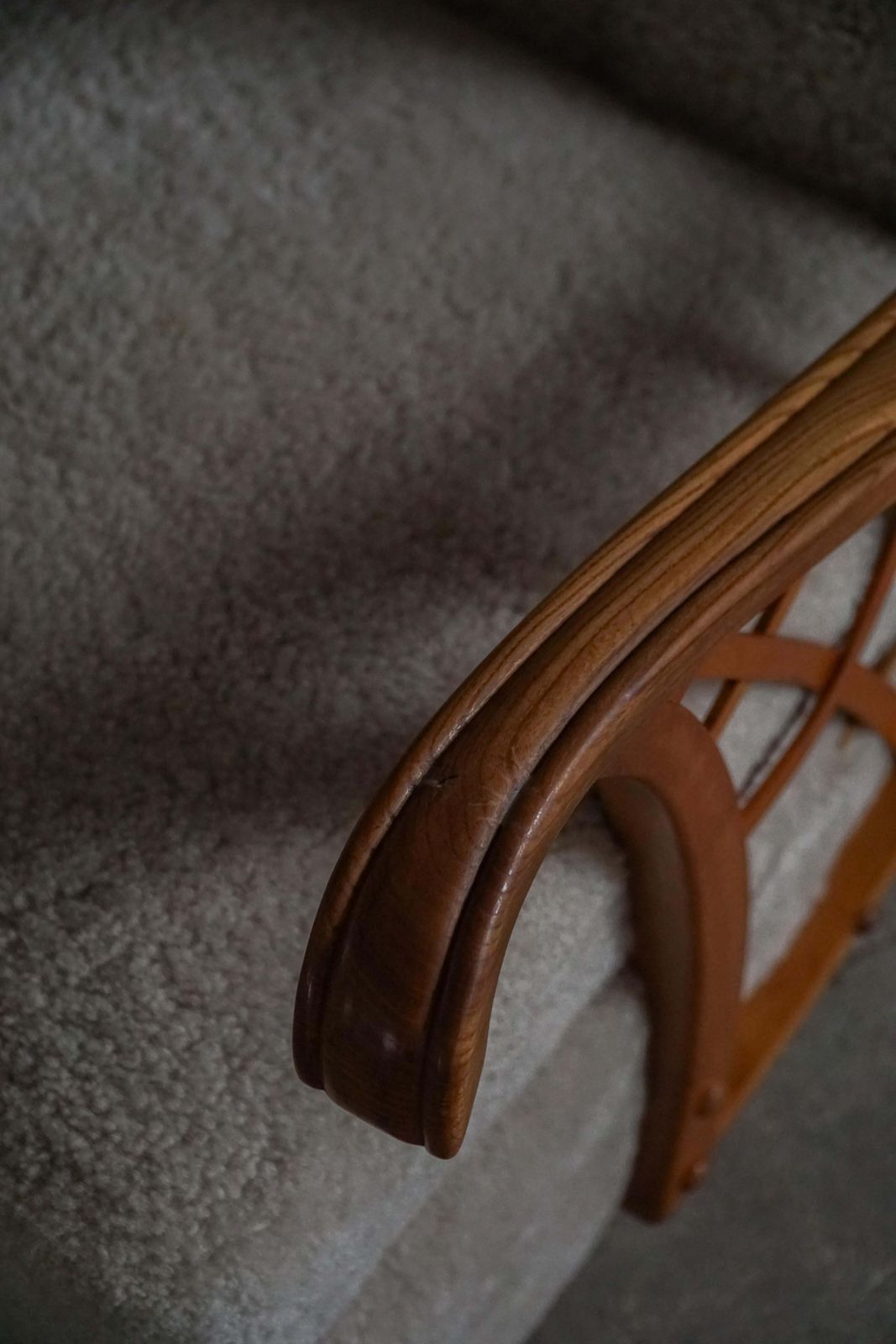 photo for sale Pair Of Swedish Modern Lounge Chairs, Shearling Lambswool & Elm, 1940s