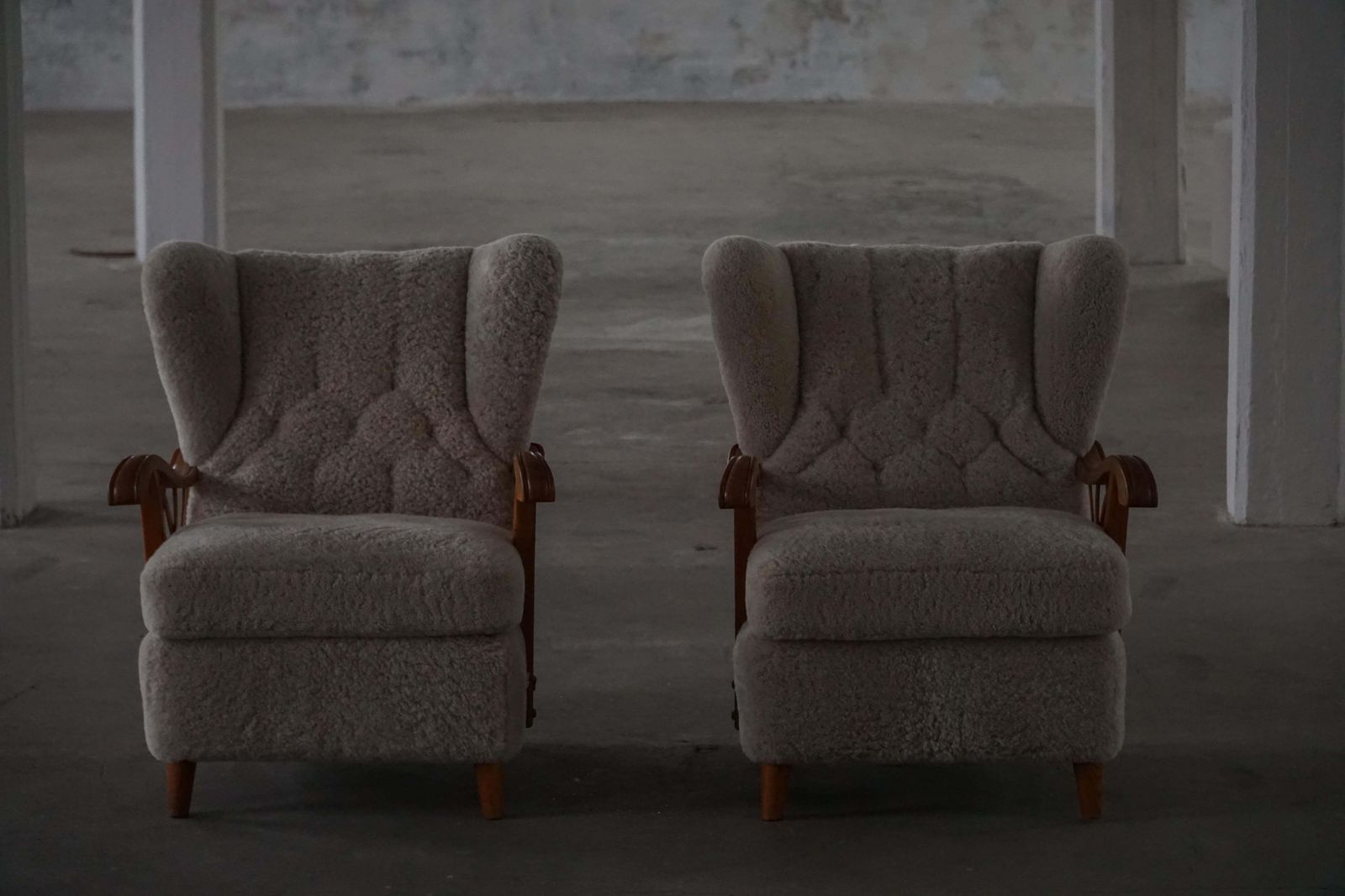 photo vintage Pair Of Swedish Modern Lounge Chairs, Shearling Lambswool & Elm, 1940s