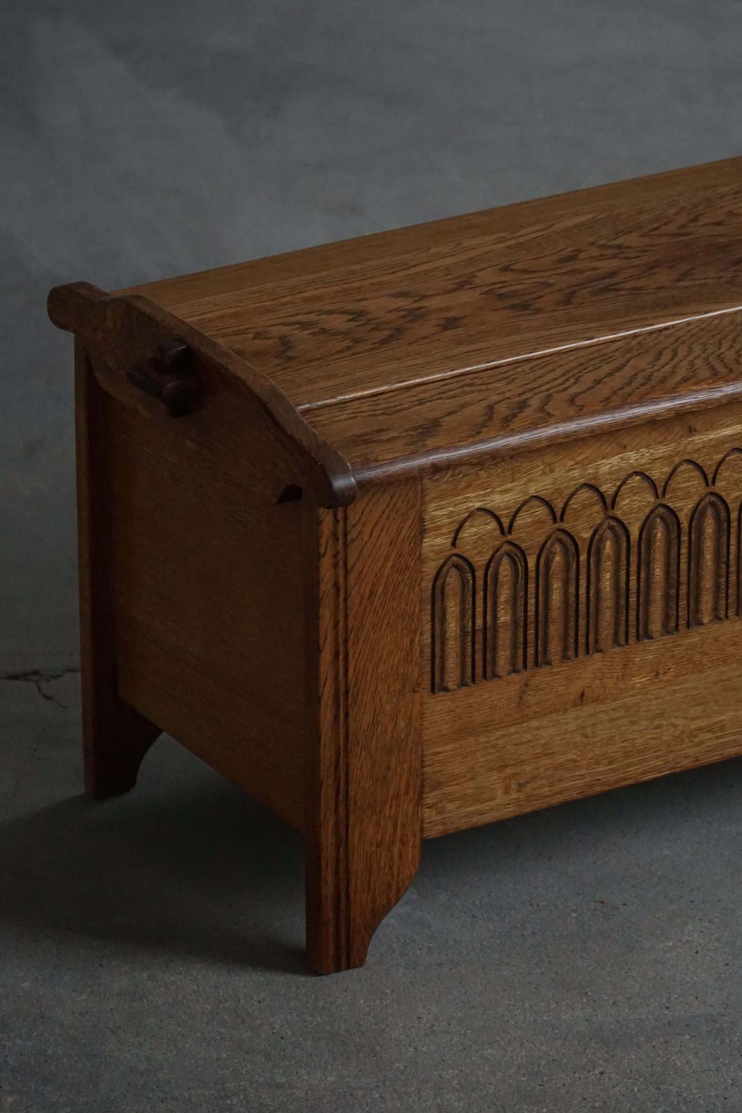 photo furniture Danish Modern Oak Chest With Decorative Relief Carving, Mid 20th Century