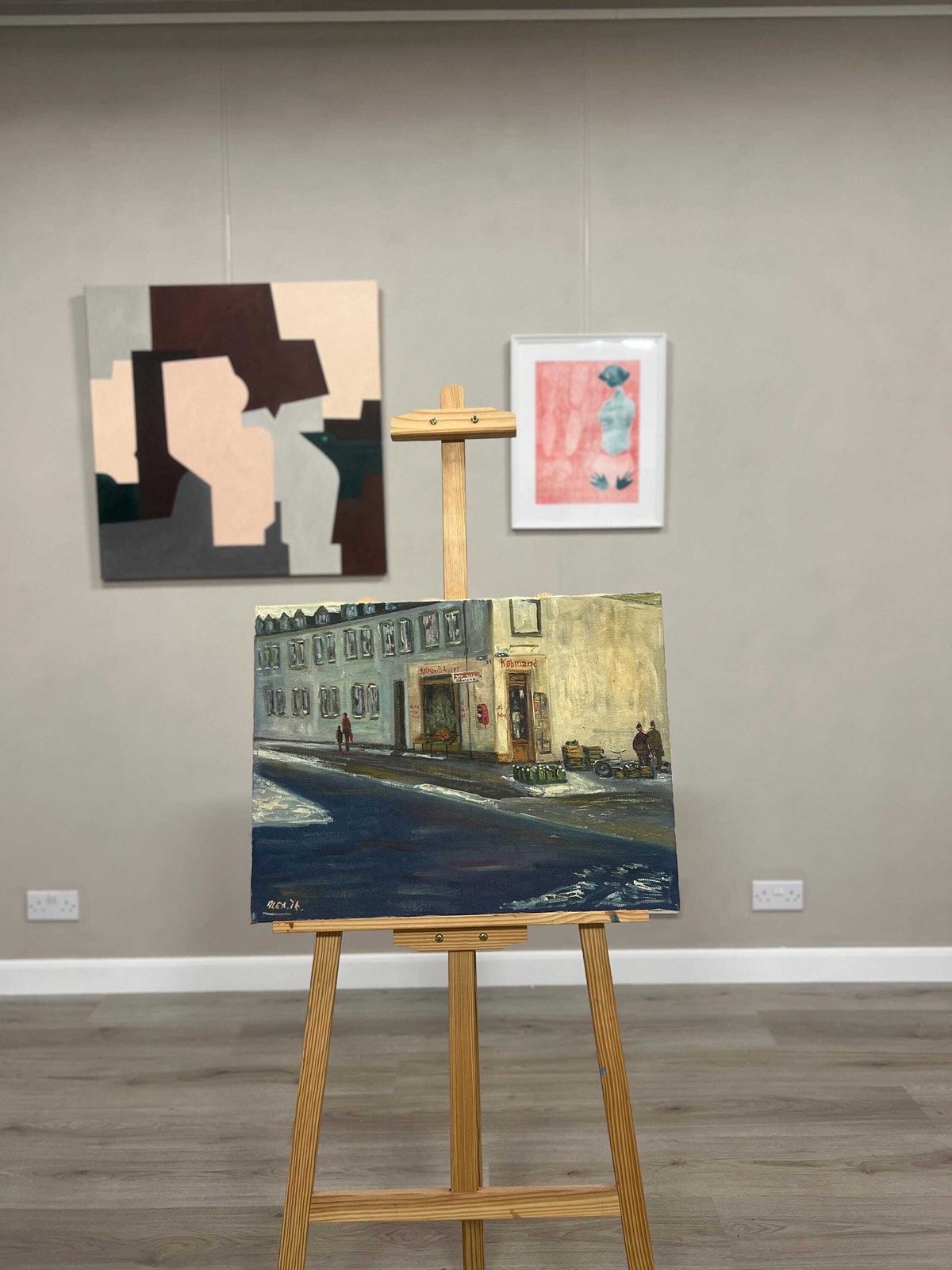 photo for sale Mid Century Scandinavian Street Scene Picture By Alex 1976, Signed Oil On Canvas
