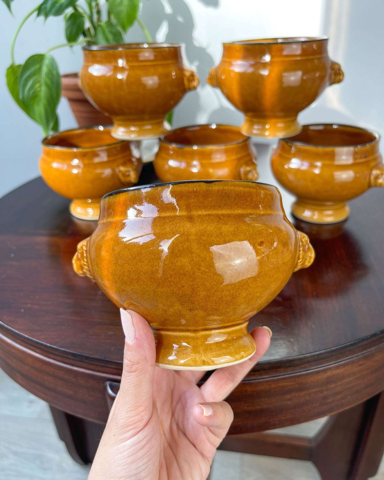 6 Vintage Emile Henry Lion Head Ceramic Onion Soup Bowls   Honey And Black, Made In France   Traditional Elegance photo Home Decor