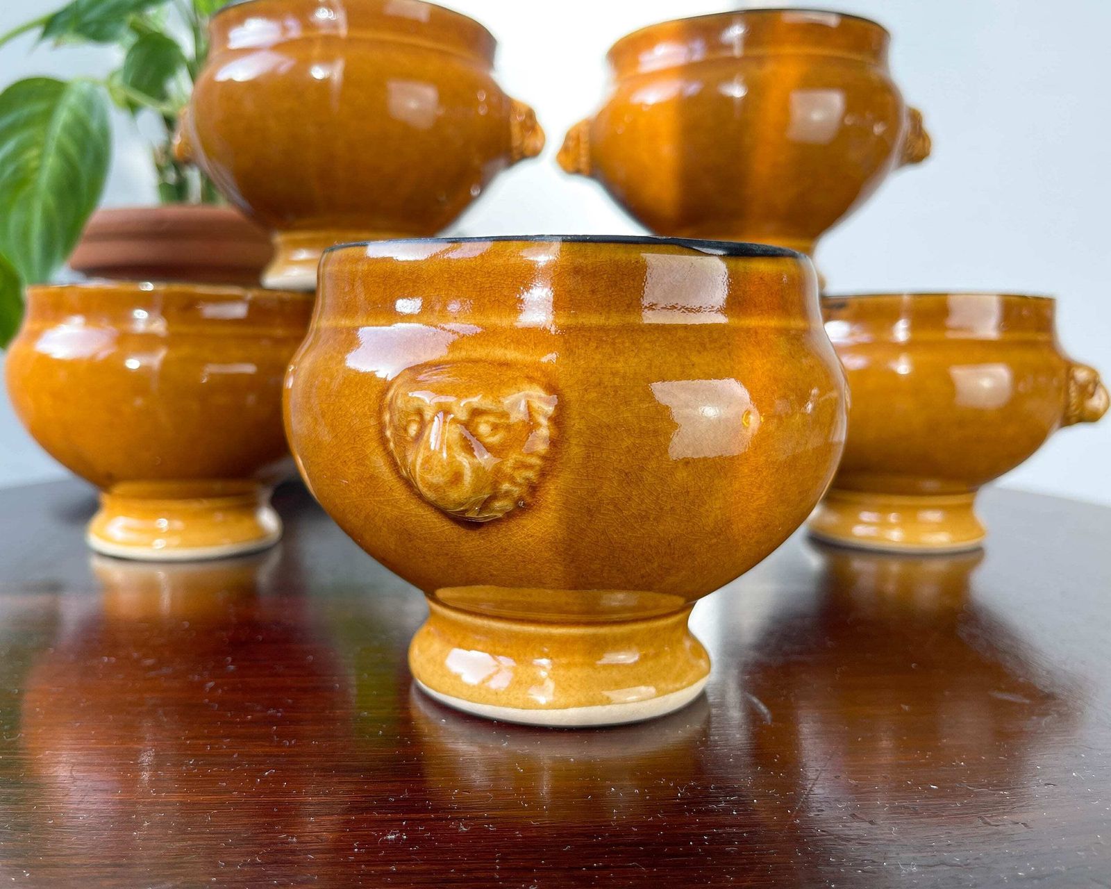6 Vintage Emile Henry Lion Head Ceramic Onion Soup Bowls   Honey And Black, Made In France   Traditional Elegance photo vinterior