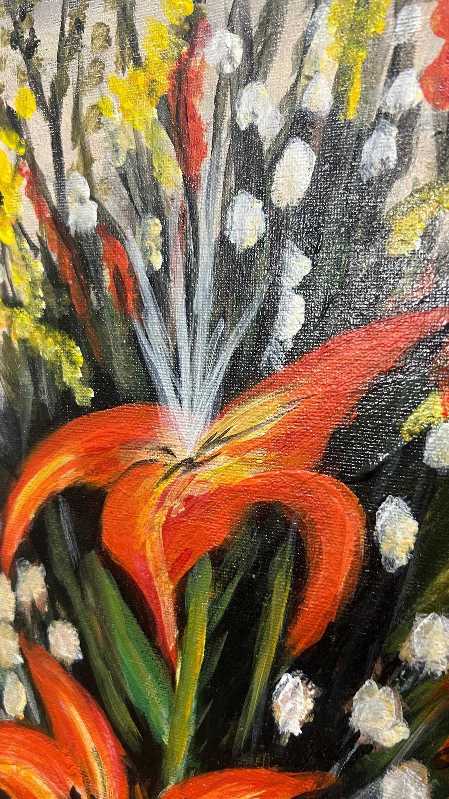 Bold Floral Still Life Painting By I.M. 2014 — Signed Oil On Canvas, 60 X 50 Cm photo vinterior