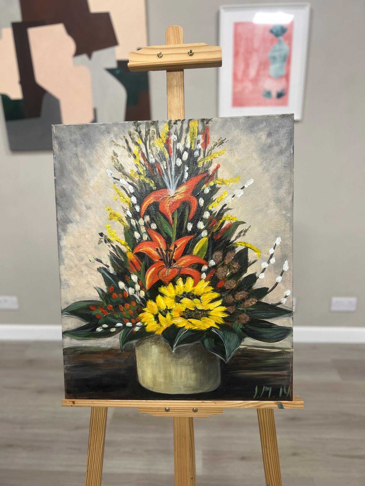 photo for sale Bold Floral Still Life Painting By I.M. 2014 — Signed Oil On Canvas, 60 X 50 Cm