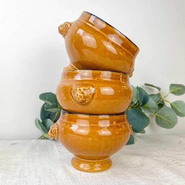 5 Vintage Emile Henry Lion Head Ceramic Onion Soup Bowls   Honey And Black, Made In France   Traditional Elegance photo Home Decor