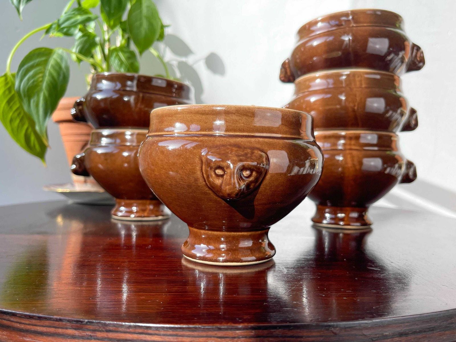 6 Vintage Emile Henry Lion Head Soup Bowls   Brown Ceramic, Made In France   Elegant And Traditional French Design For Your Recipes