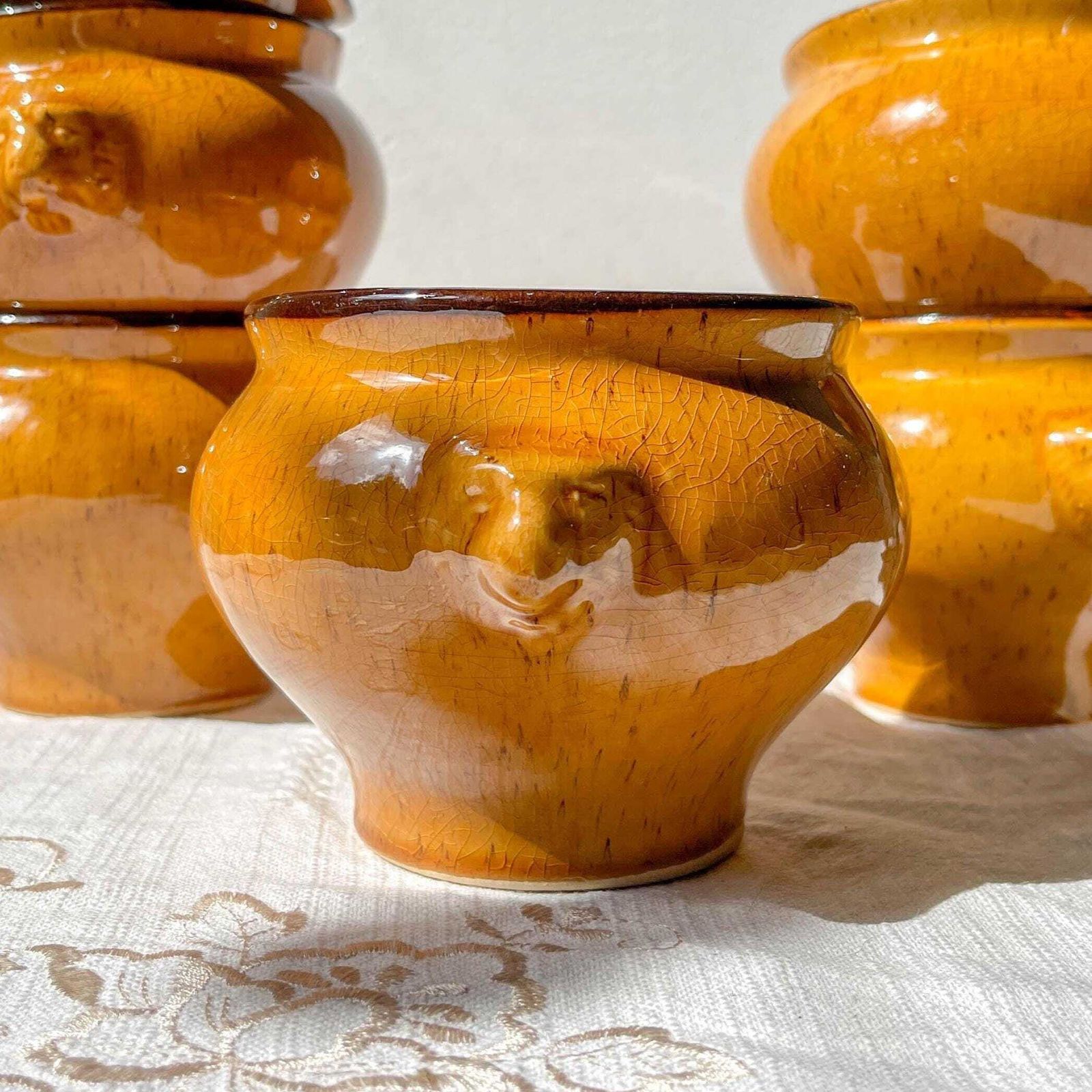 5 Vintage Lion Head Bowls In Speckled Ochre Stoneware Emile Henry Style – Made In France – Soup Bowls, Retro Tableware, Stoneware Bowl photo furniture