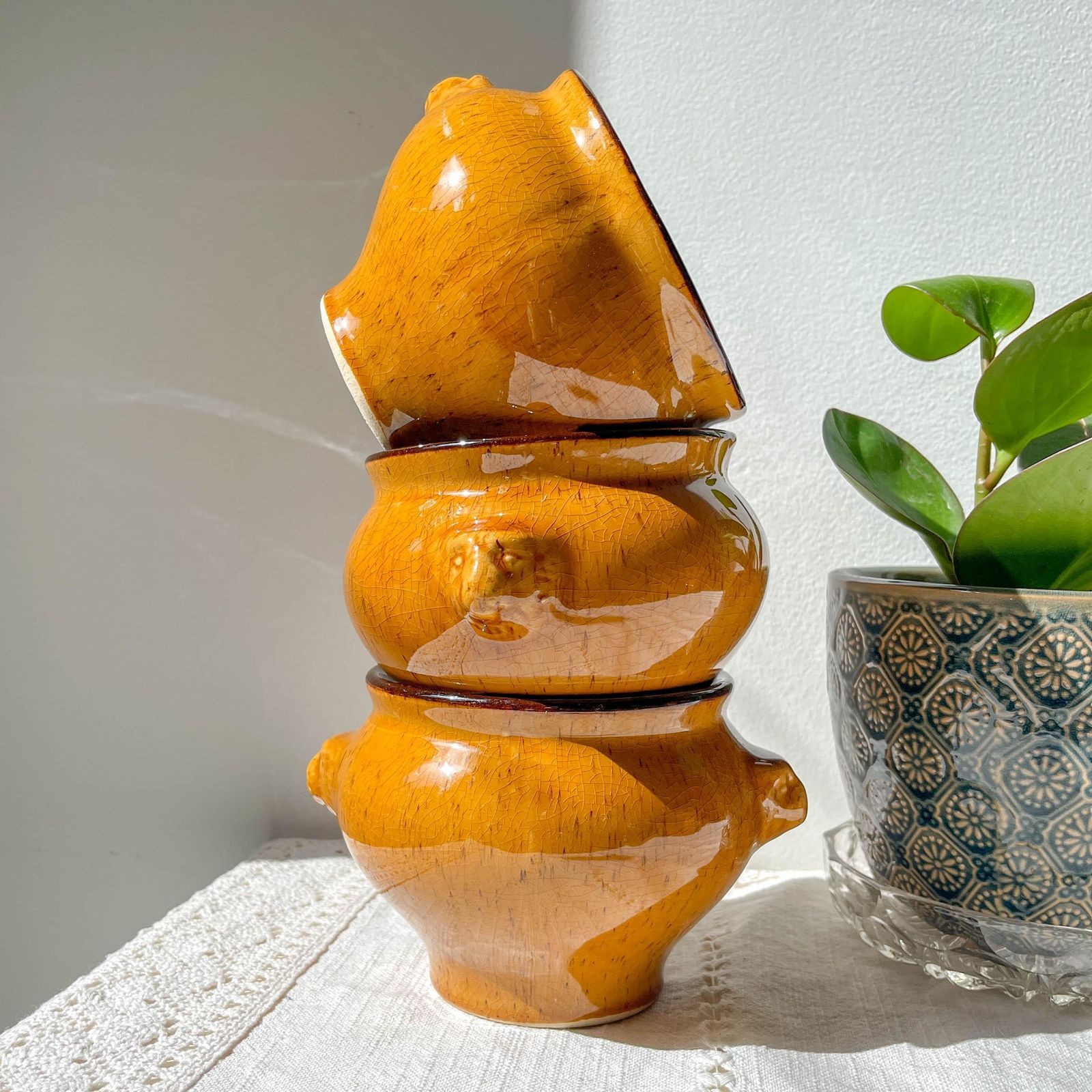 5 Vintage Lion Head Bowls In Speckled Ochre Stoneware Emile Henry Style – Made In France – Soup Bowls, Retro Tableware, Stoneware Bowl photo Home Decor