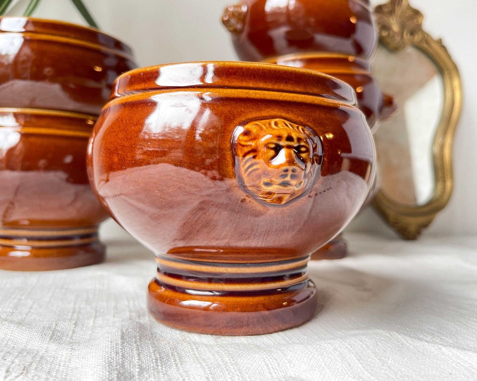 6 Vintage Brown Emile Henry Style Ceramic Lion Head Bowls Made In France     Vintage Onion Soup Bowls   Stoneware Gratin Bowl photo Home Decor