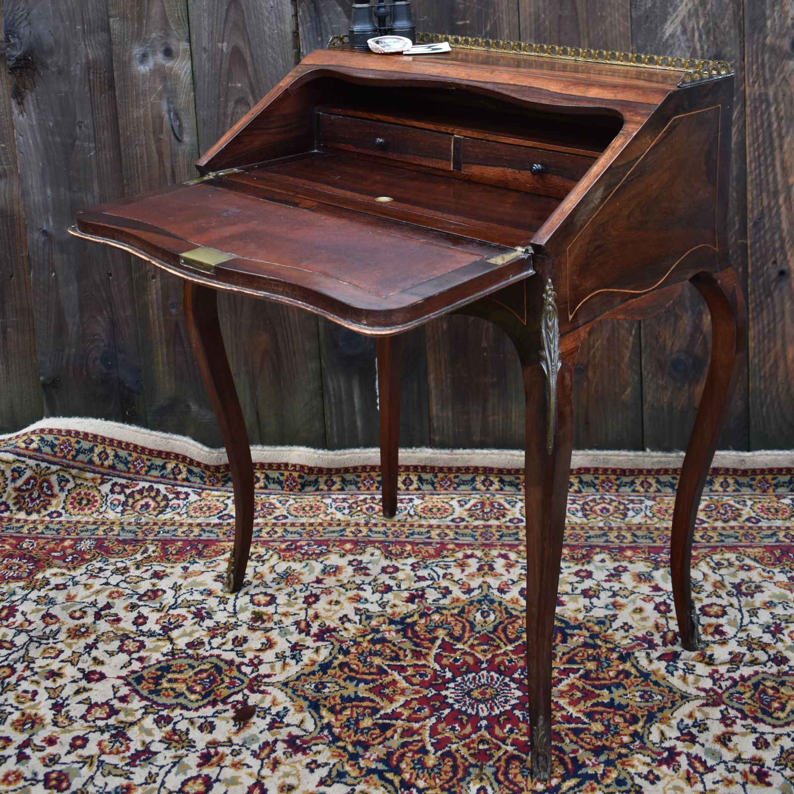 photo furniture Antique French Bureau De Dame Writing Desk Ladies Marquetry Ormulu Bombe Style
