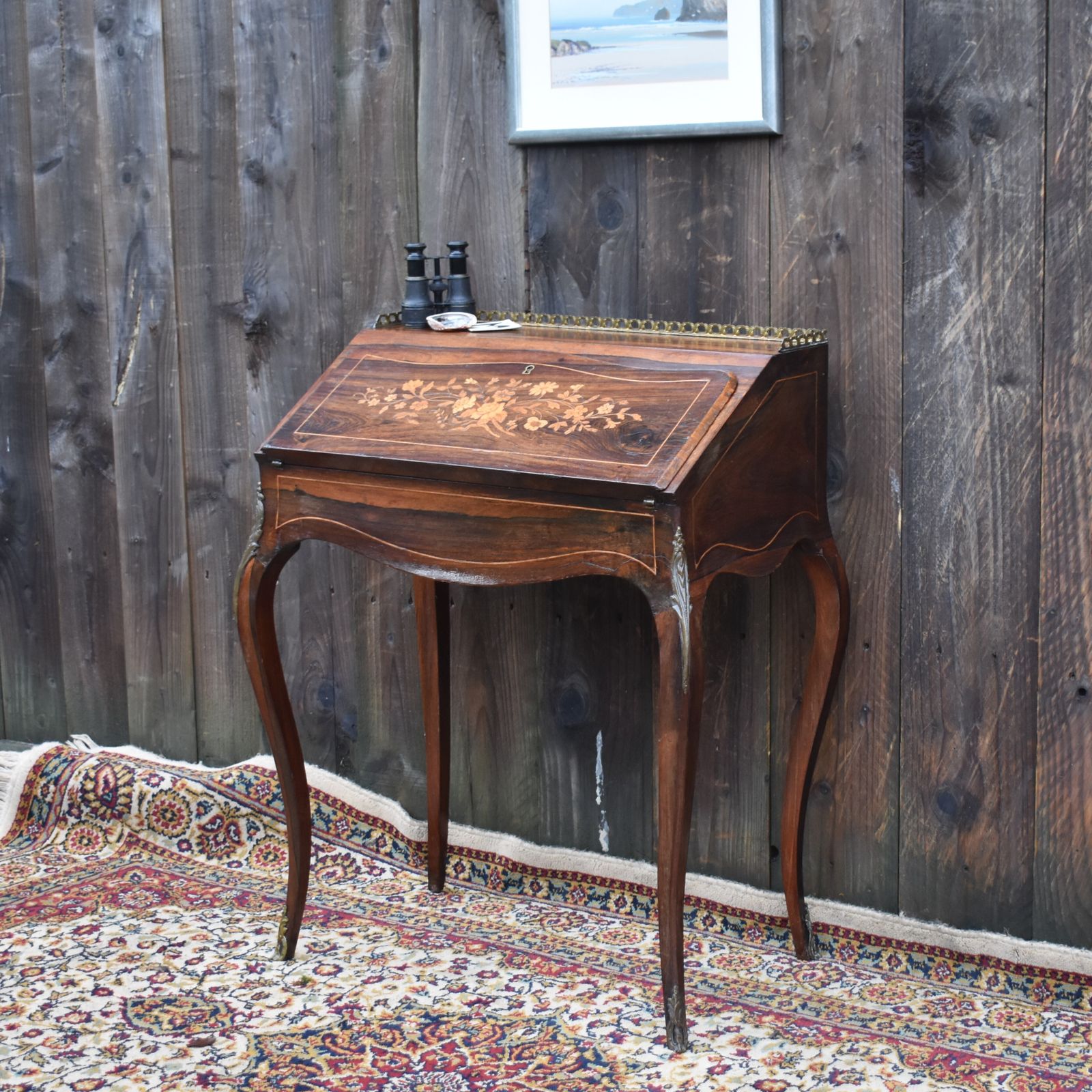 photo vinterior Antique French Bureau De Dame Writing Desk Ladies Marquetry Ormulu Bombe Style