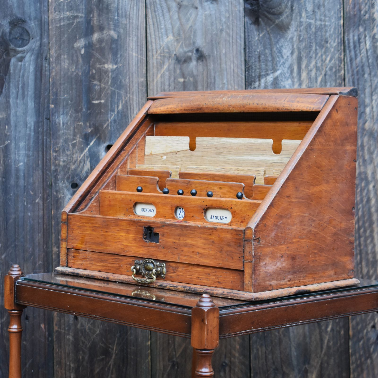 Antique Victorian Fine Oak Perpetual Calendar Tambour Travel Stationery Cabinet