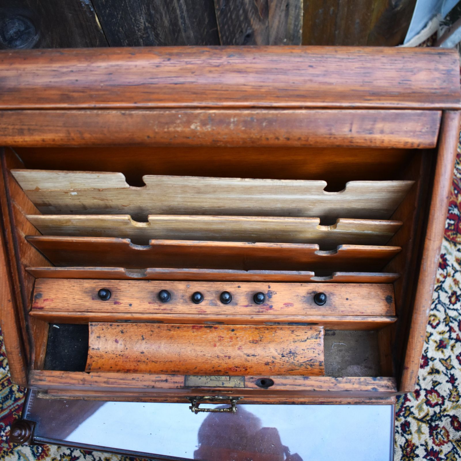 225.0 Antique Victorian Fine Oak Perpetual Calendar Tambour Travel Stationery Cabinet photo