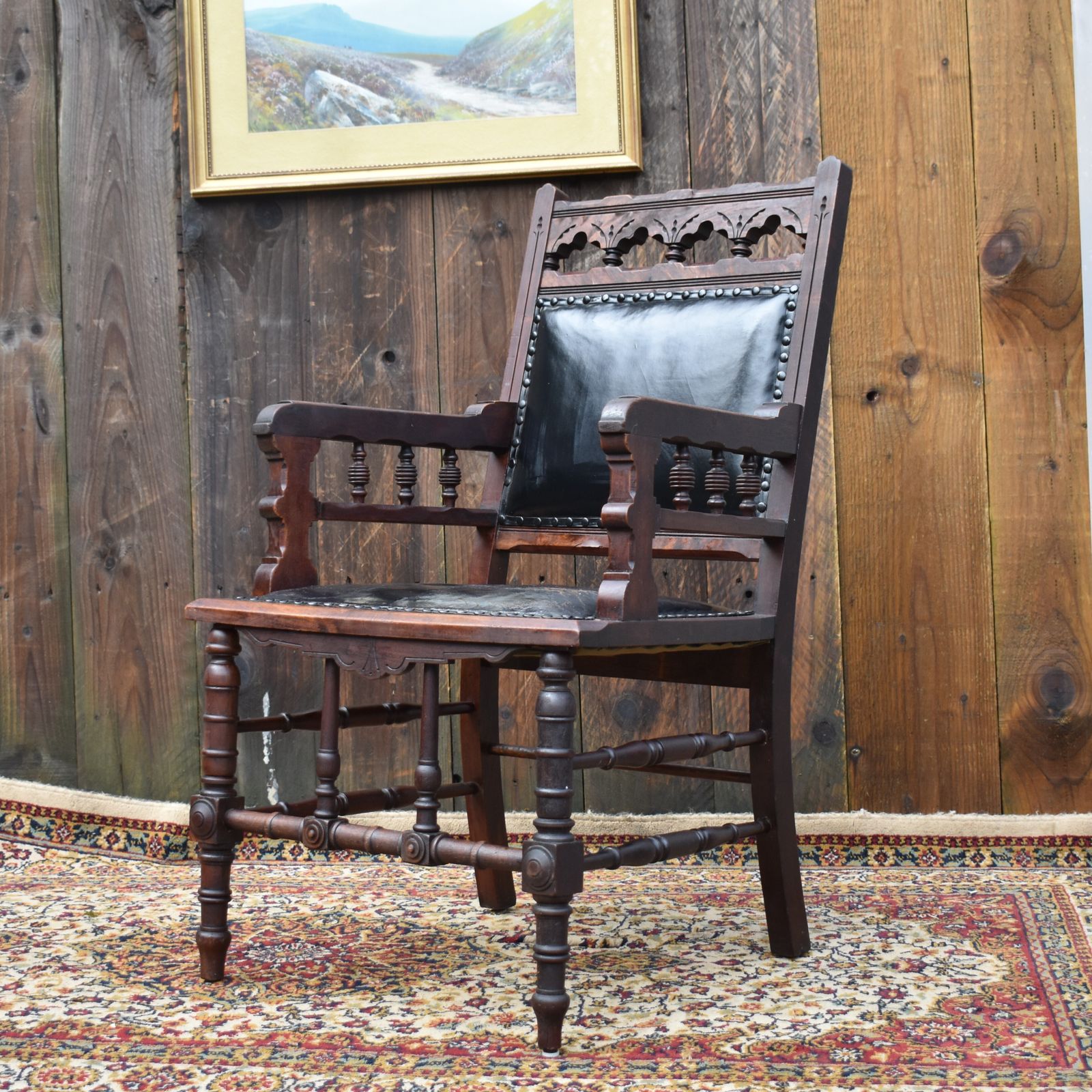 Antique 19th Century Gothic Revivel Leather Carved Oak Library Reading Armchair