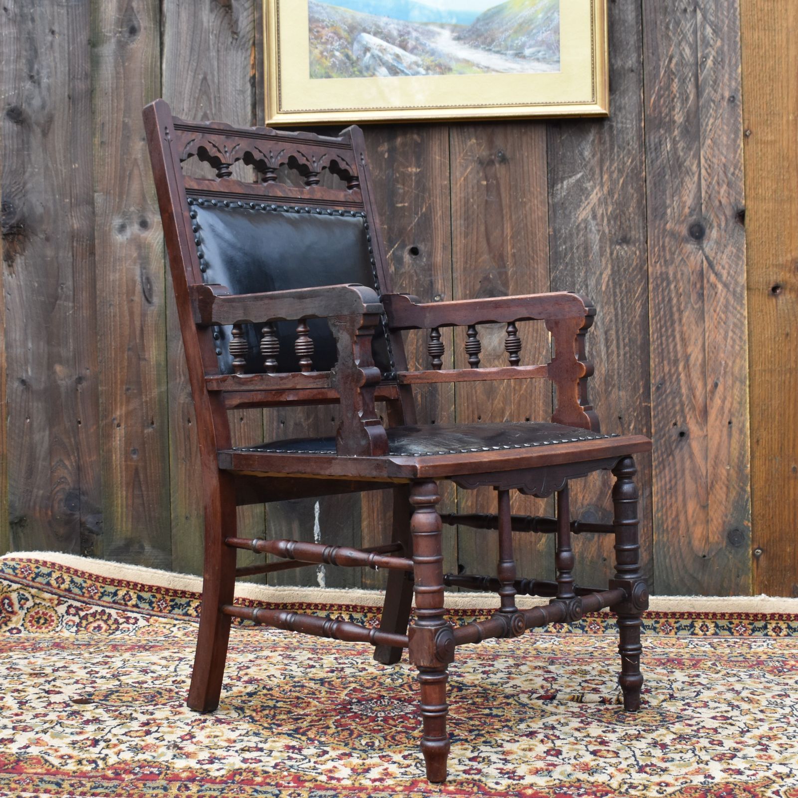 Antique 19th Century Gothic Revivel Leather Carved Oak Library Reading Armchair photo furniture