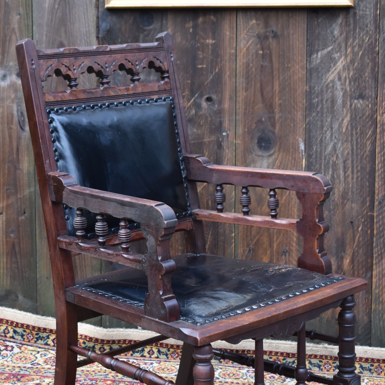 Antique 19th Century Gothic Revivel Leather Carved Oak Library Reading Armchair photo Furniture
